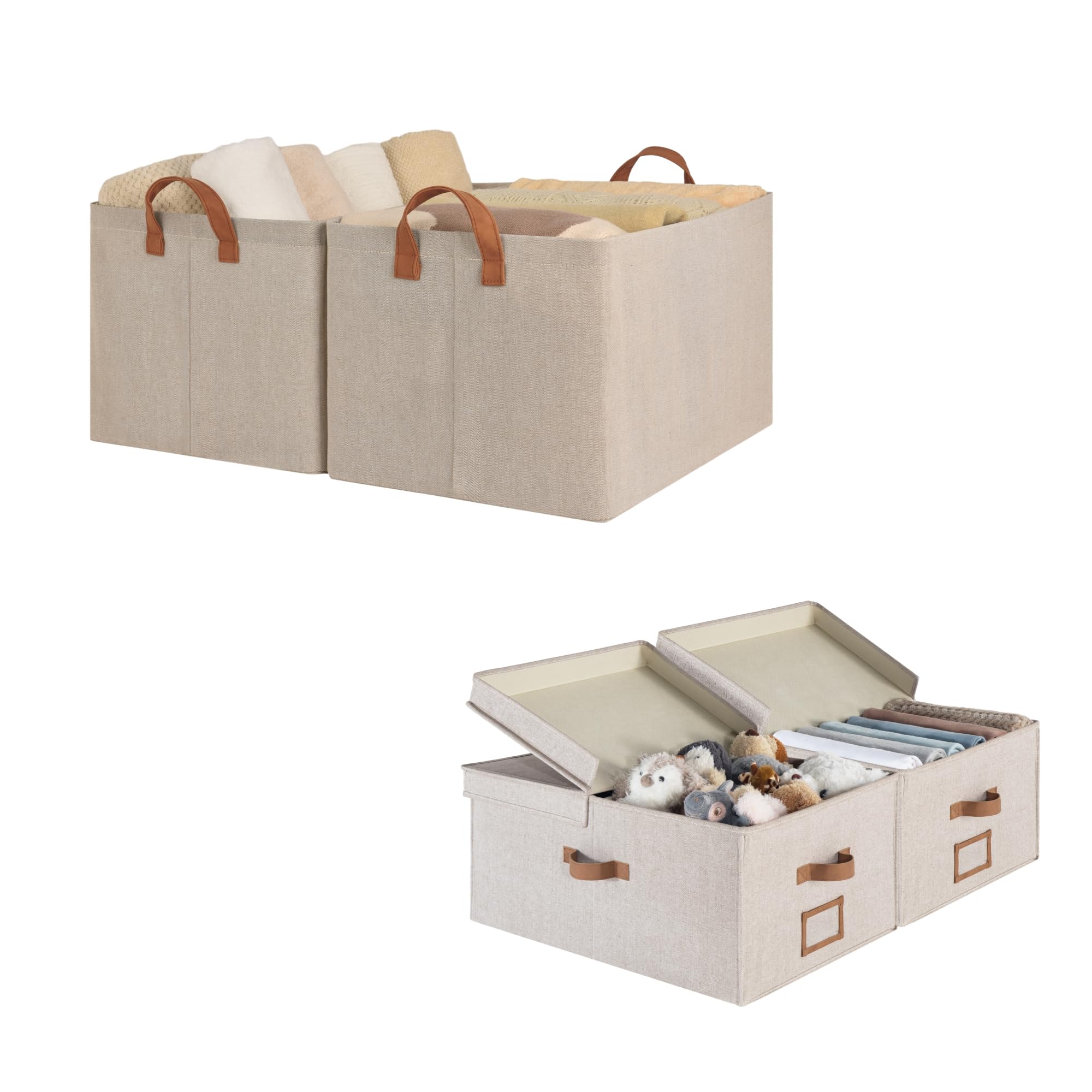 Extra Large 55L Storage Bins with Metal Frame & Double-Open Lids - Decorative Storage Baskets with Divider Board for Home Organization | Perfect for Closet, Bedroom & Living Room Storage