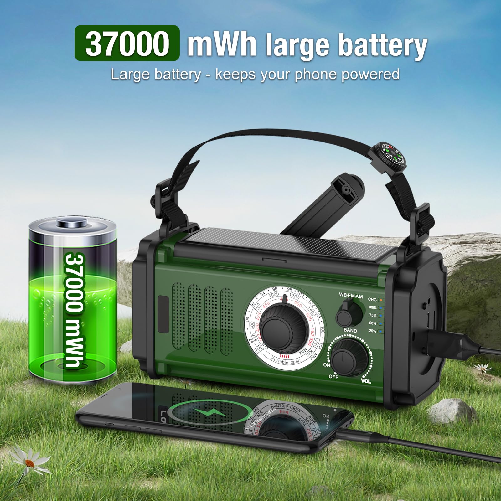 Emergency Radio with 37000mWh Power Bank - Solar & Hand Crank NOAA/AM/FM Weather Radio, 4 Charging Methods, Flashlight & Reading Lamp, SOS Alarm, Camping Compass - Perfect for Outdoor Adventures, Camping, Hiking & Emergency Preparedness