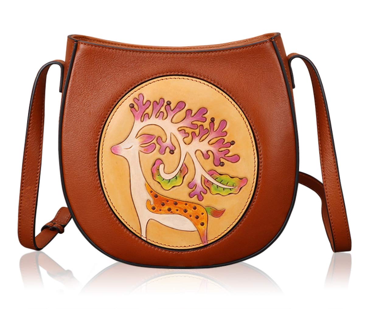 Handmade Leather Crossbody Bag for Women - Vintage Carved Shoulder Purse with Printed Design, Perfect for Daily Use, Travel & Shopping