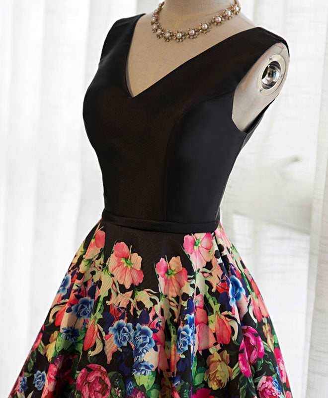 Elegant Black V-Neck Floral Long Prom Dress | Formal Evening Gown for Homecoming, Wedding & Special Occasions