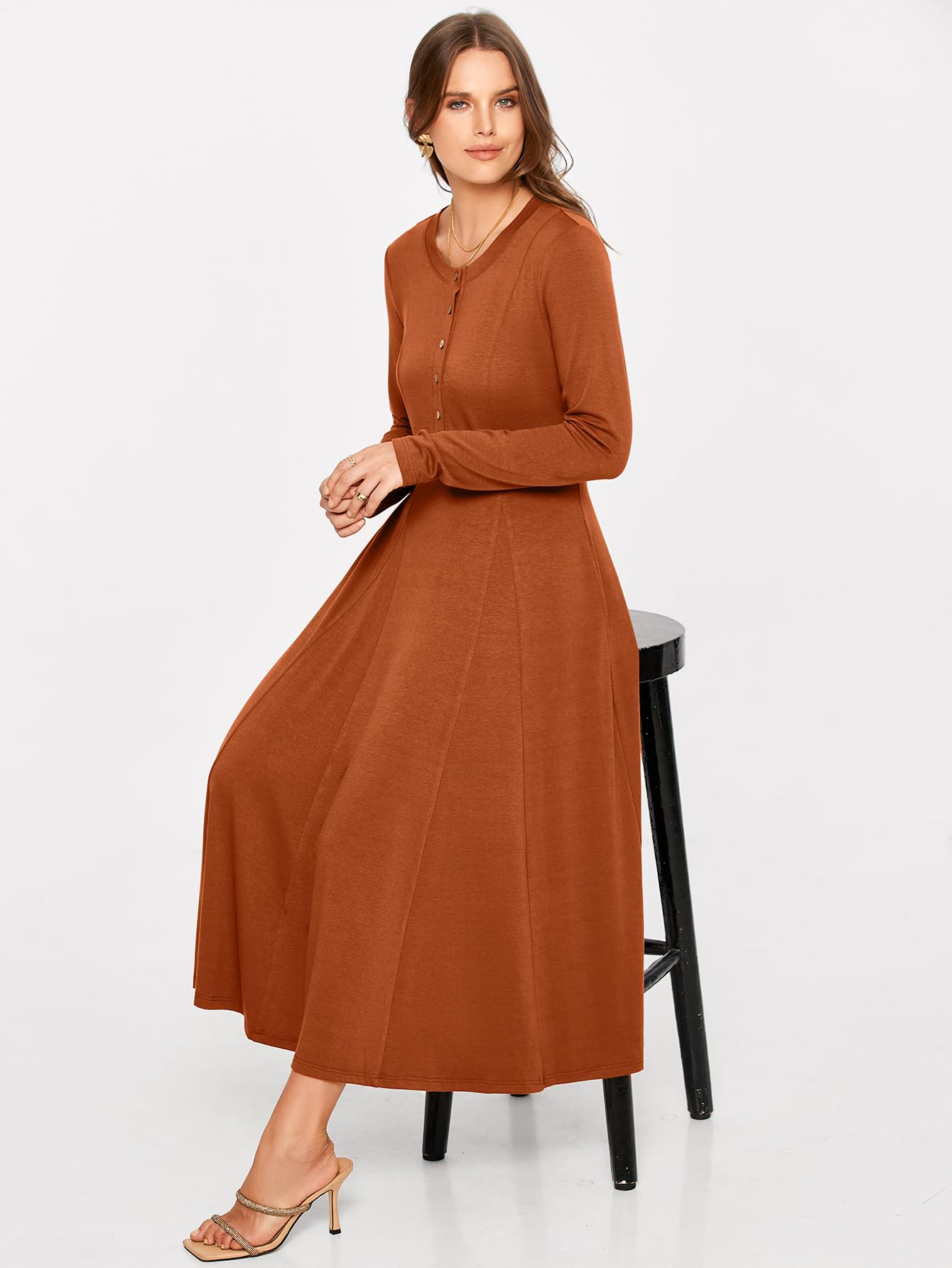 Glamaker Women's Casual Long Sleeve Maxi Dress with Pockets - Button Down A-Line Flowy Dress for Everyday Wear, Office & Spring Outfits