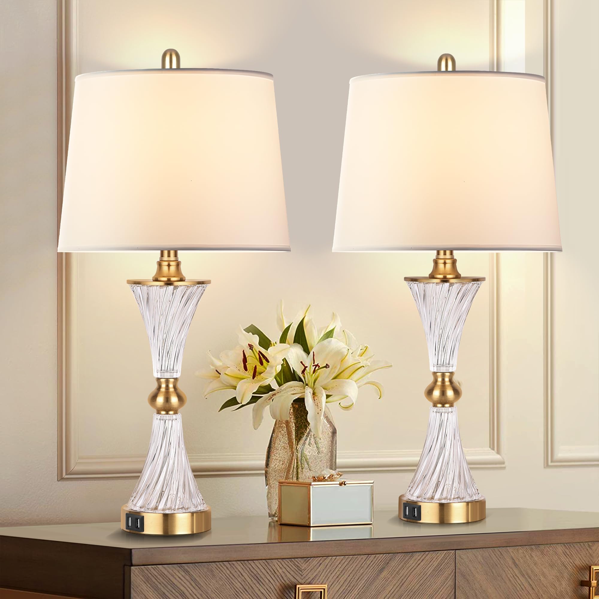 Modern Touch Table Lamps Set of 2 - 3-Way Dimmable Gold Glass Bedside Lamps with USB Charging Ports (2 Bulbs Included) for Bedroom, Living Room & Nightstand - Perfect for Reading, Relaxing and Charging Devices