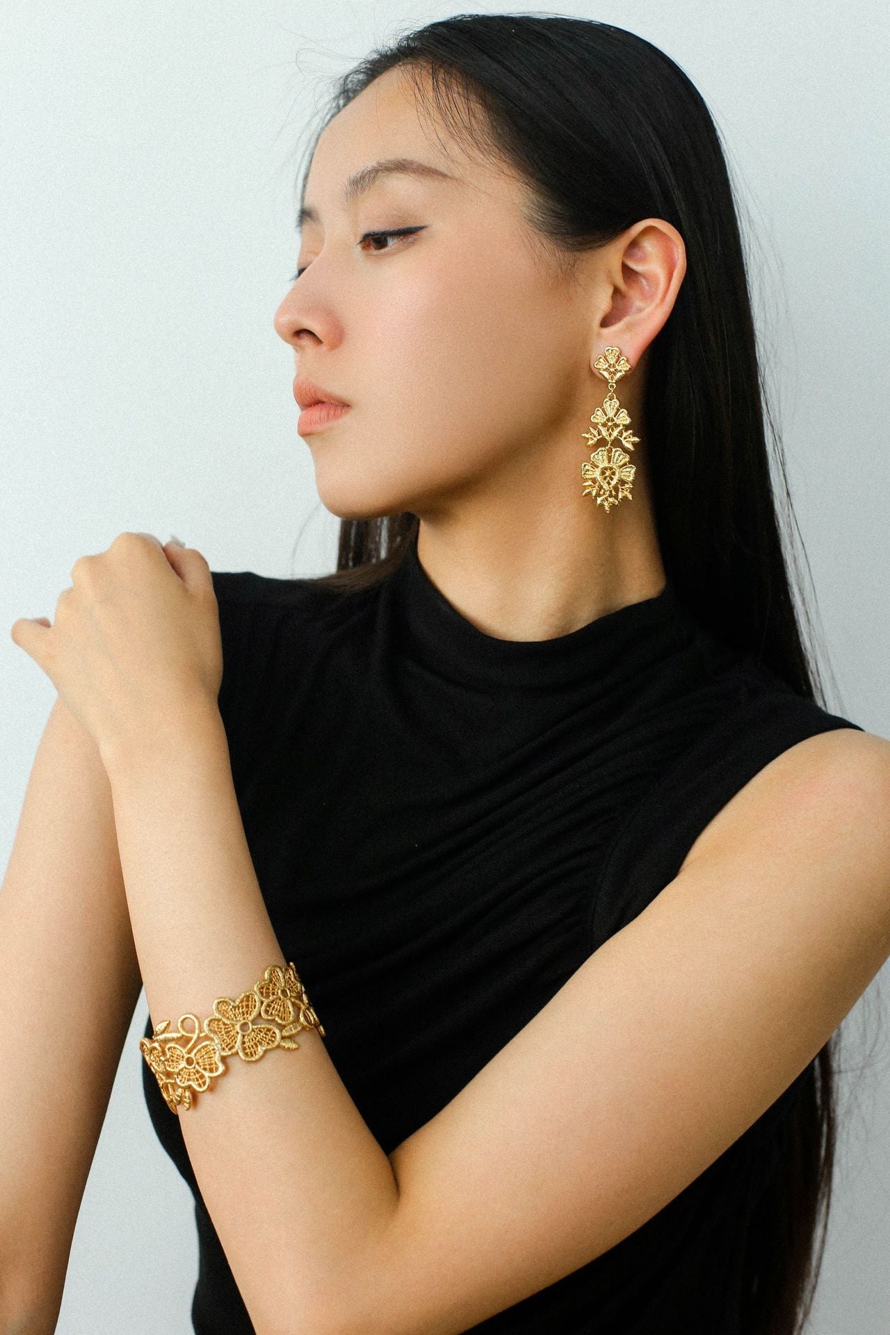 Whisper of Lace Wide Embroidered Cuff Bracelet in Gold - Elegant Boho Jewelry for Women, Perfect for Weddings, Parties & Special Occasions