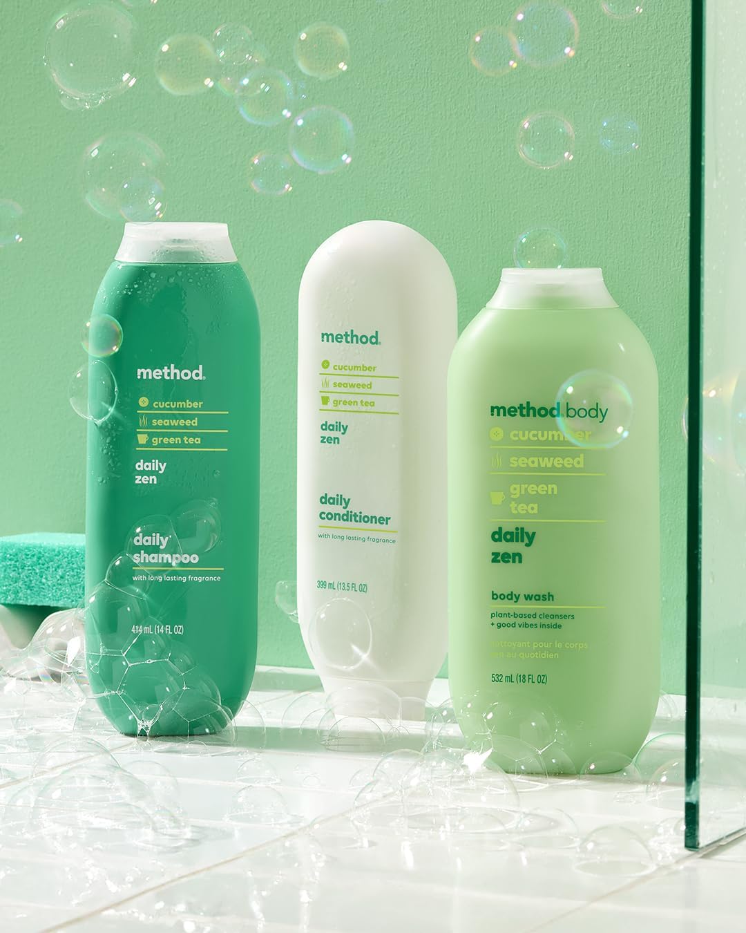Method Hair and Body Variety Pack - Daily Zen - 14 oz Shampoo, 13.5 oz Conditioner, 18 oz Body Wash | Natural Bath & Shower Essentials for Relaxation & Self-Care