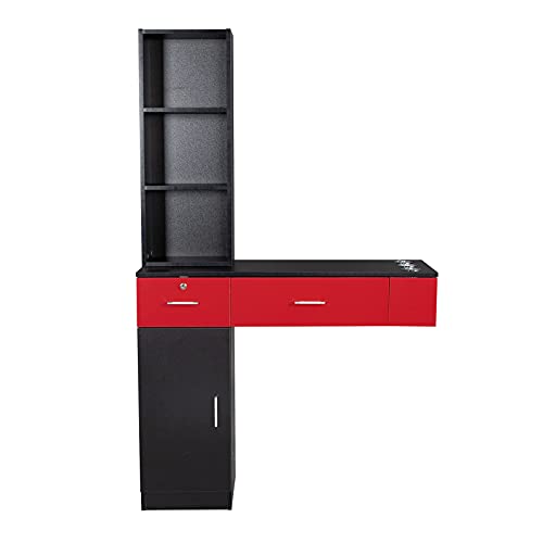 TRLEC GT4 Wall Mount Salon Mirror - Professional Beauty Spa & Hair Styling Station with Adjustable Desk in Black & Red - Perfect for Salon, Spa, Home Beauty Setup & Makeup Vanity