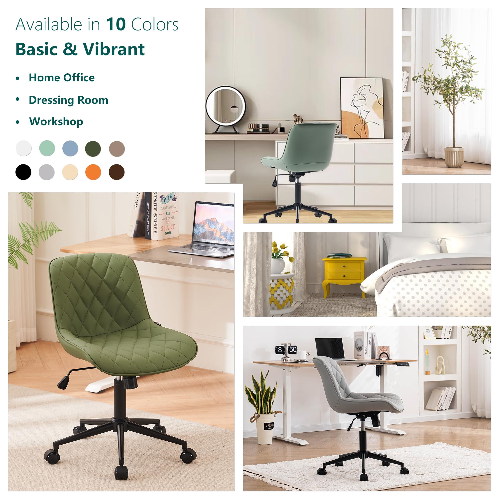 YOUNUOKE Armless Desk Chair - Comfortable Home Office Computer Chair with Wheels, Swivel Rolling Task Chair, Modern Upholstered Executive Vanity Chair in Olive - Perfect for Small Spaces, Gaming & Workstations