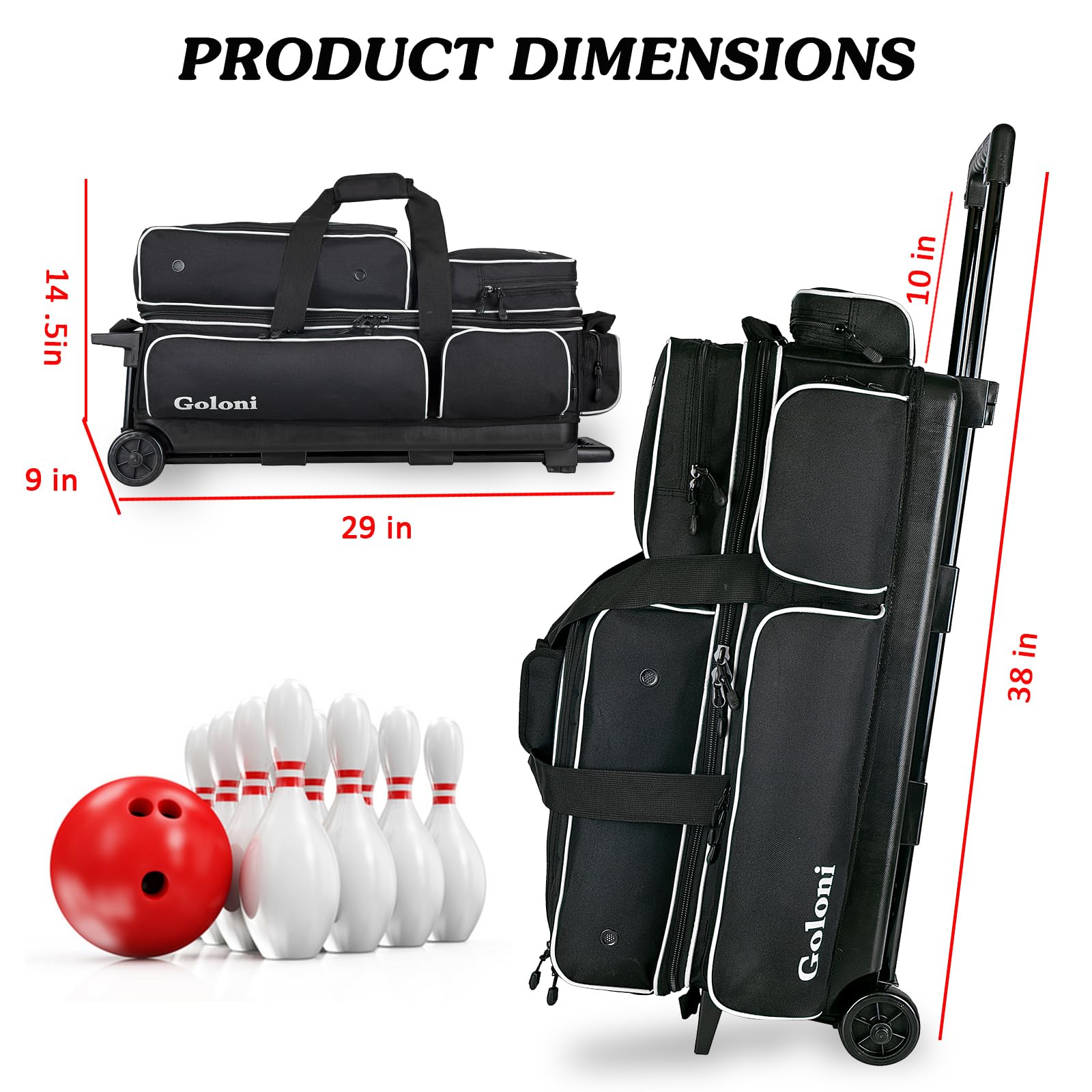 Goloni 3 Ball Rolling Bowling Bag with Wheels & Retractable Handle (Extends to 38