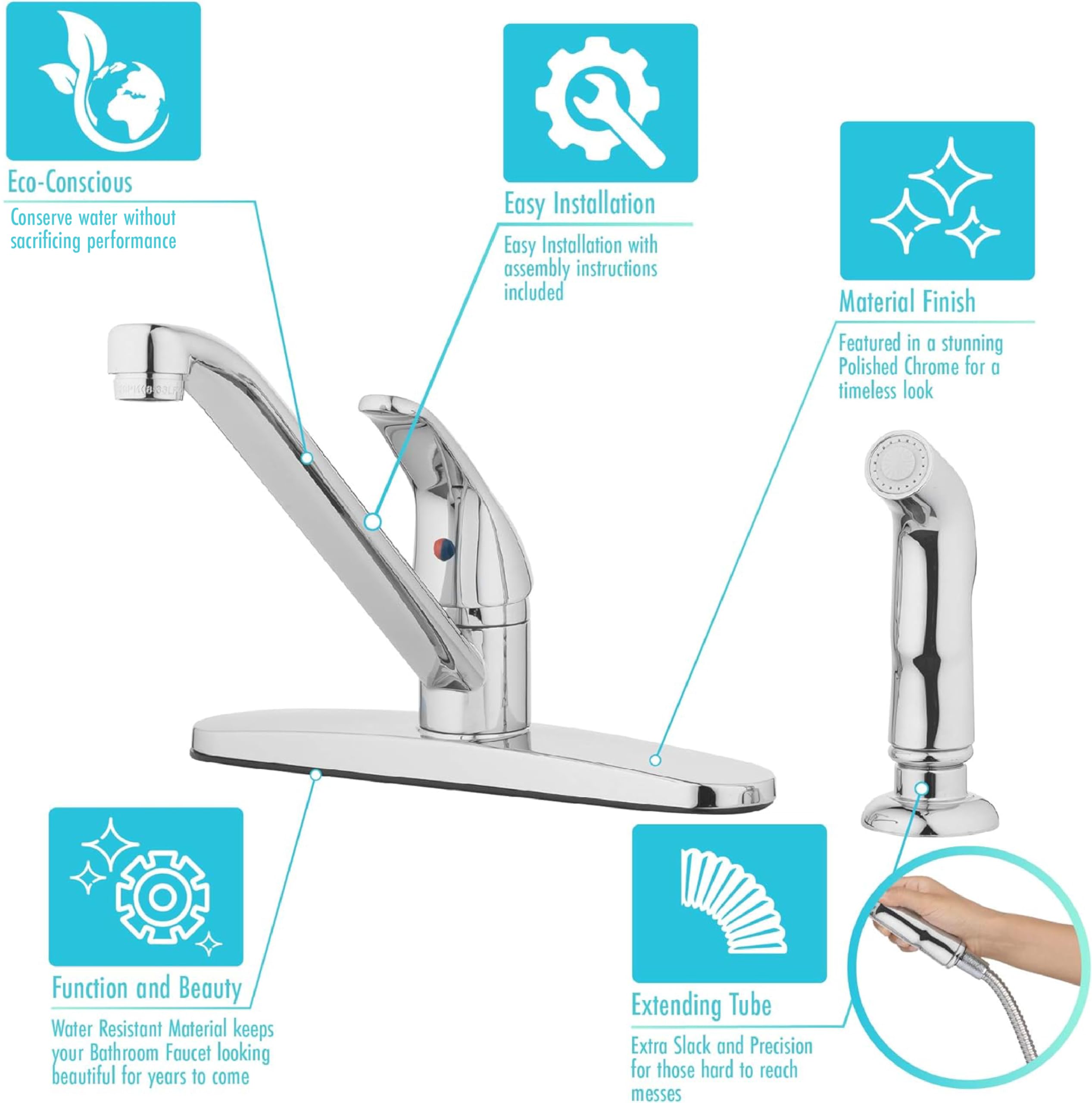 Aqua Vista 22-K81WS-CH-AV Polished Chrome Single Handle Kitchen Sink Faucet with Side Spray - Perfect for Modern Home Kitchen & Dishwashing