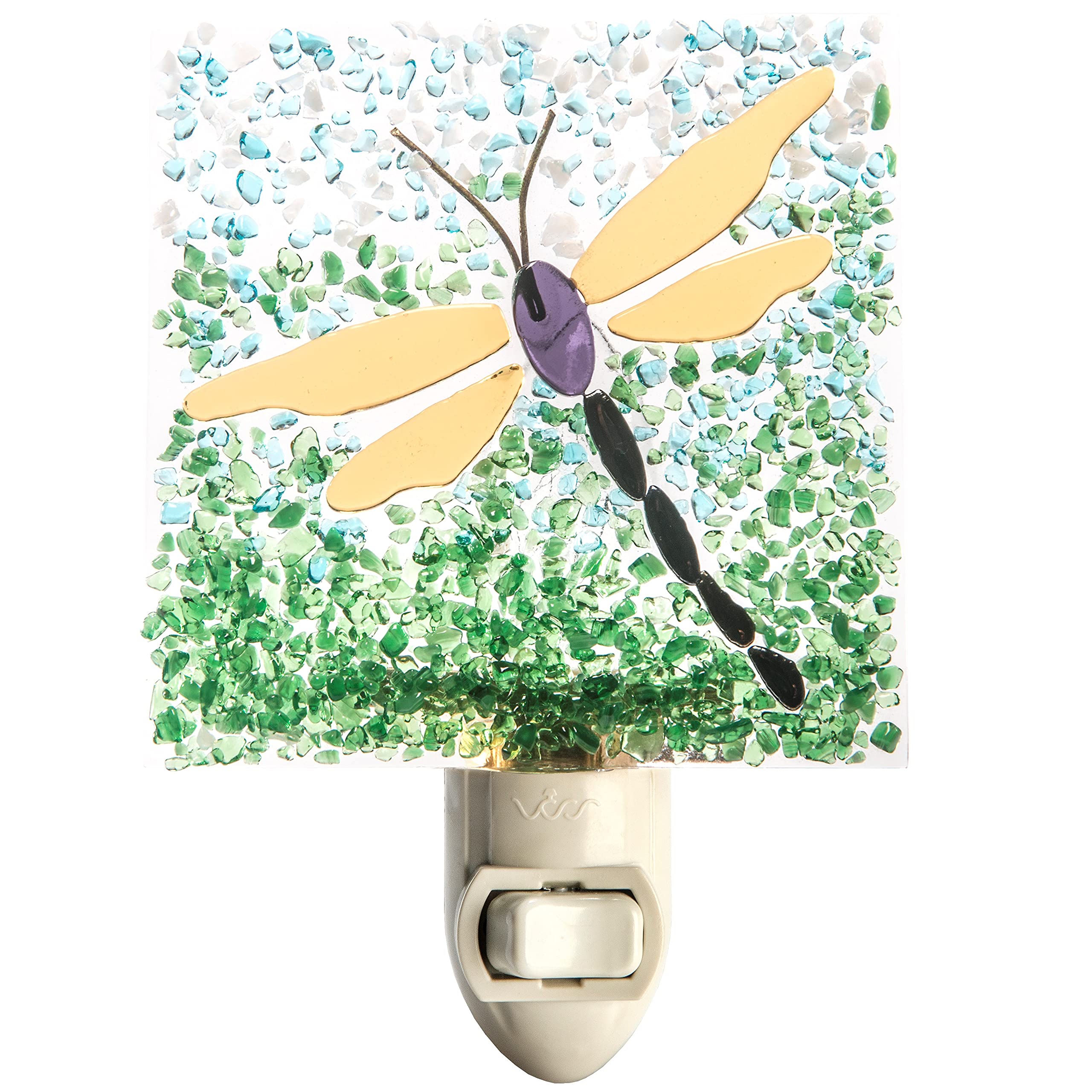 J Devlin Stained Glass Night Light - Dragonfly Design in Green, Yellow & Purple - Vintage Plug-in Nightlight for Bedroom, Bathroom, Stairway & Hallway - Home Decor NTL 218-2 | Perfect for Nursery, Kids Room & Cozy Evening Ambiance