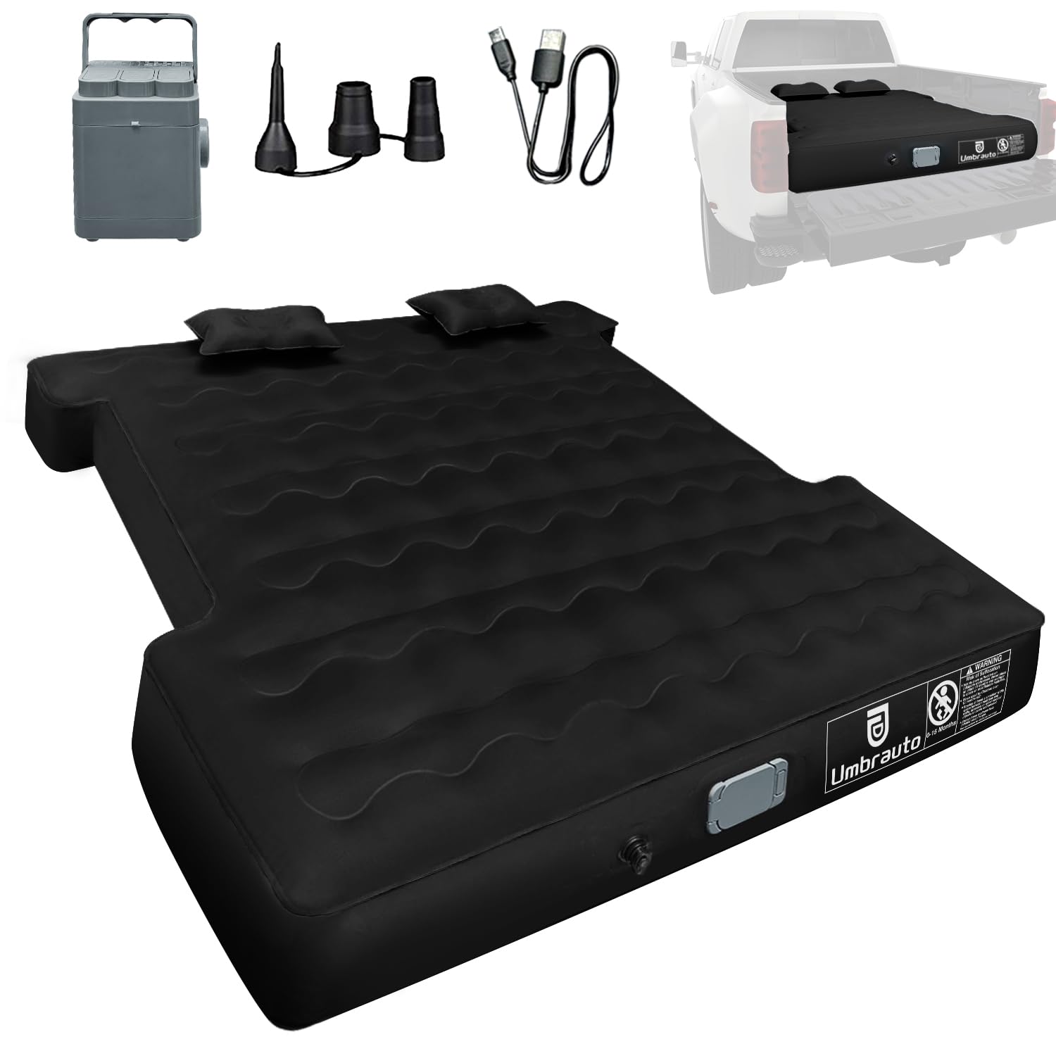 Umbrauto Truck Bed Air Mattress for 6-6.5ft Full Size Short Beds - Rechargeable Built-in Air Pump for Easy Inflation & Deflation - Perfect for Camping, Road Trips & Outdoor Adventures