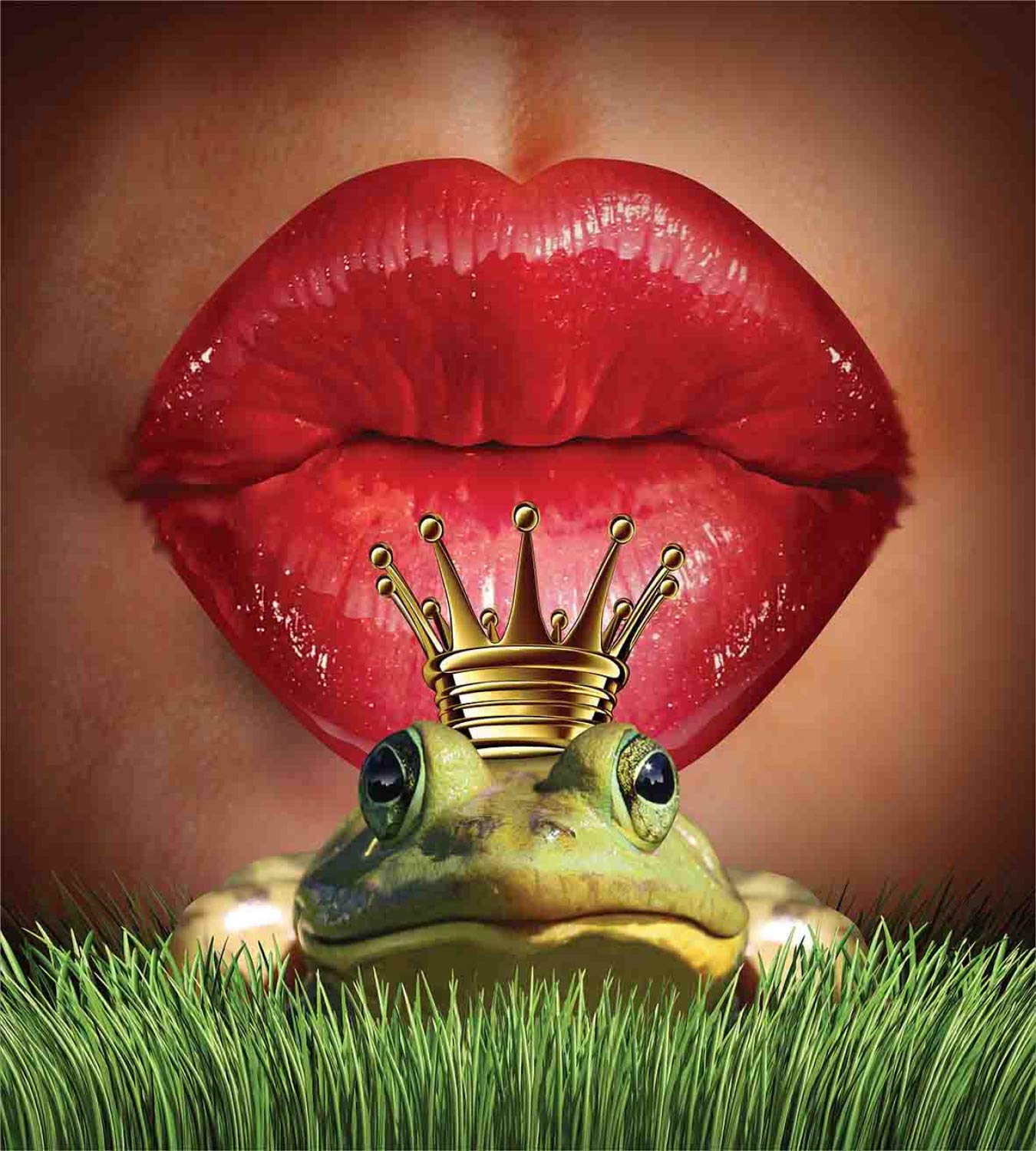 Ambesonne Animal Duvet Cover Set - Lady Finds Her Frog Prince Charming Soul Mate in Love Romance Art, 3-Piece Bedding Set with 2 Pillow Shams, California King Size, Green Red Yellow Design | Perfect for Master Bedroom, Guest Room & Fairy Tale Themed Decor