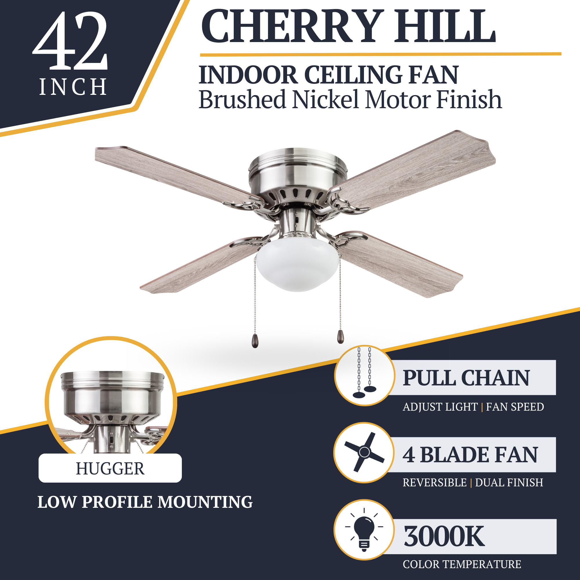 42 Inch Cherry Hill Brushed Nickel Ceiling Fan with Pull Chain - Perfect for Living Room, Bedroom, and Office Cooling