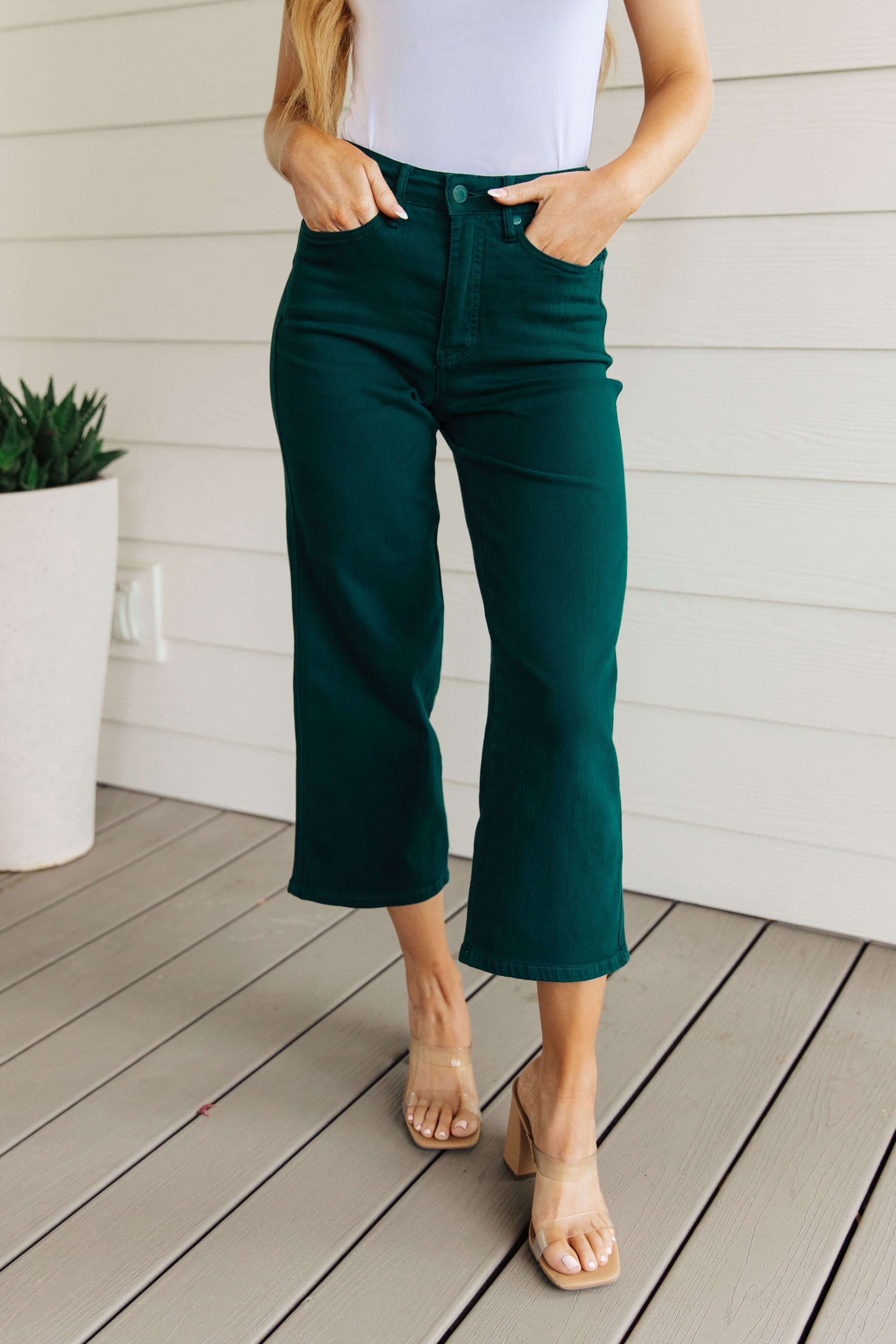 Briar High Rise Control Top Wide Leg Crop Jeans in Teal | Women's Fashion Stretch Denim Pants | Perfect for Casual Outfits & Streetwear Looks