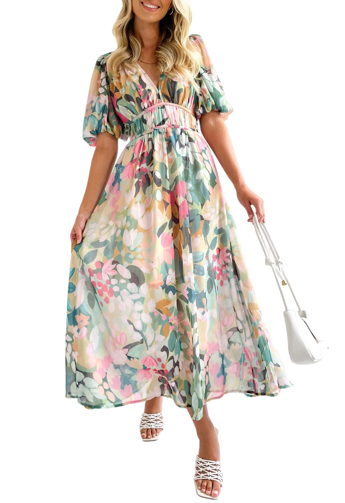 Boho Floral Print Midi Dress for Women - Summer Long Dress with Green Floral Pattern | Perfect for Beach Vacations, Garden Parties & Casual Outings