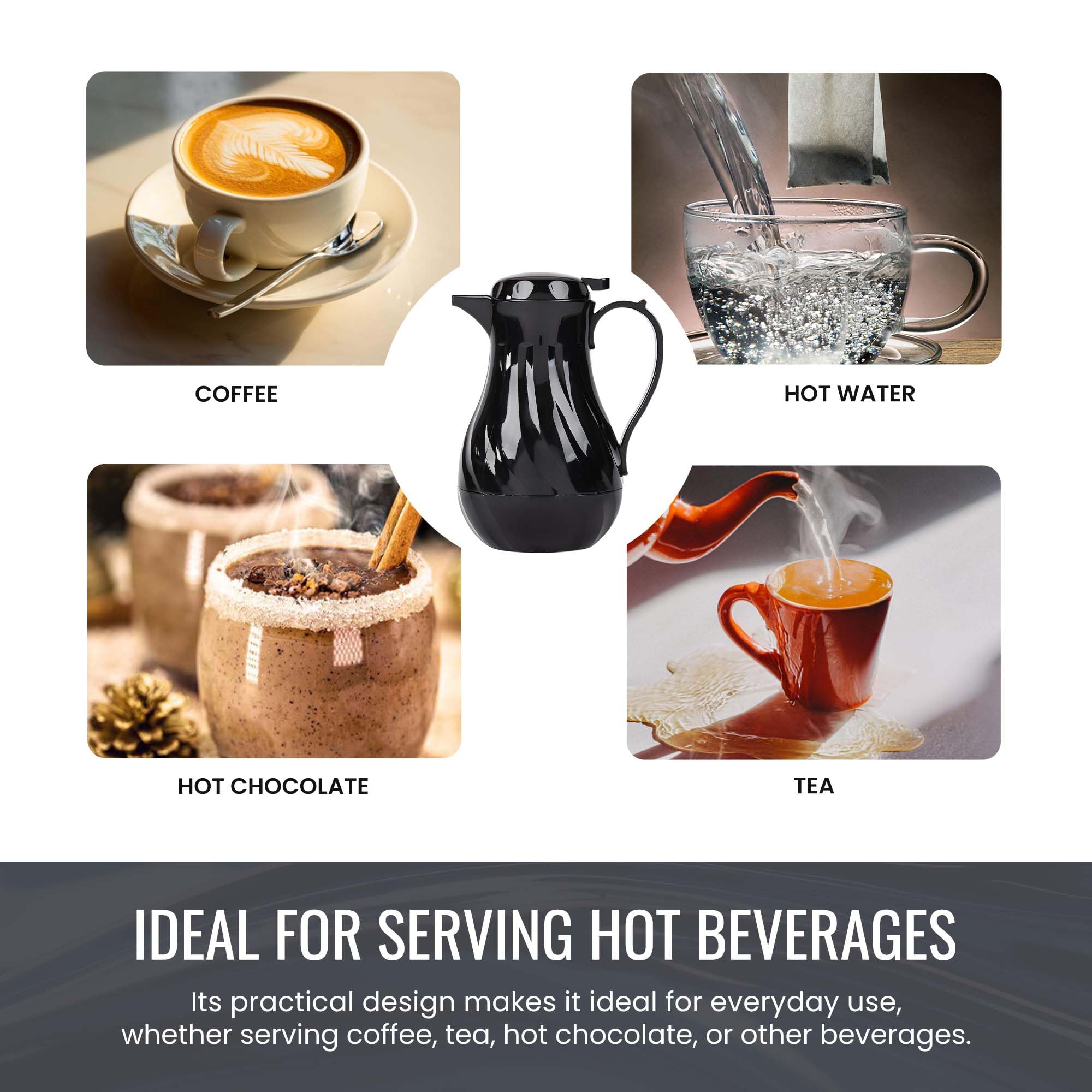 OCS Parts Set of 6 Easy Pour Thermal Coffee Carafes | 10-Inch Insulated Hot & Cold Beverage Pitcher Server for Coffee, Tea, Hot Chocolate & Water | 42-Ounce Capacity | Black | Perfect for Restaurants, Cafes, Offices & Home Use