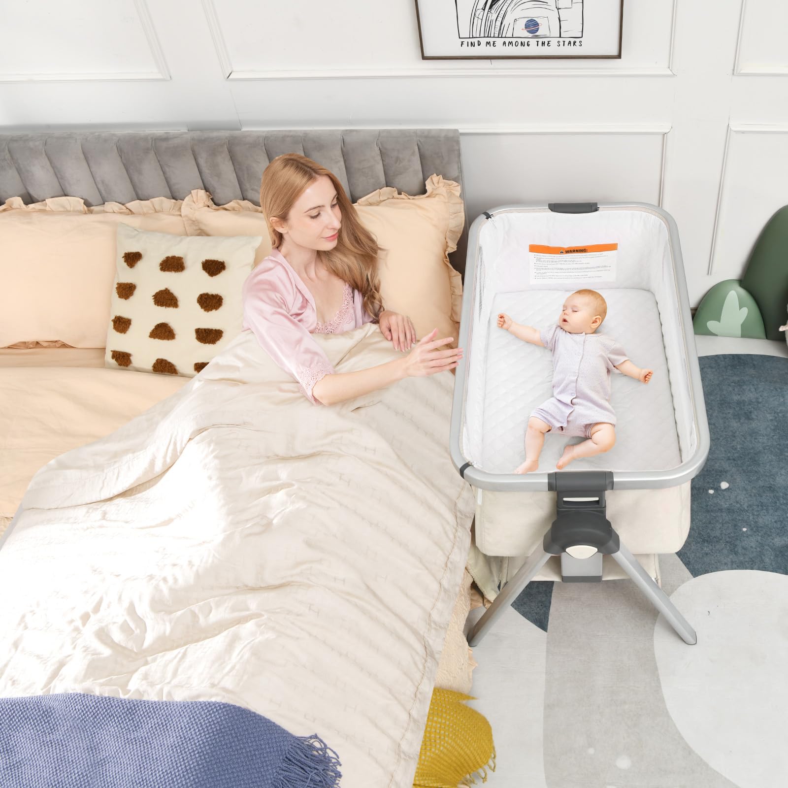 **BABY JOY Portable Bassinet Bedside Crib with Mattress - Adjustable Height, Storage Basket & Travel Bag - Safe Newborn Sleeper for Nursery, Travel & Co-Sleeping (Beige)**
