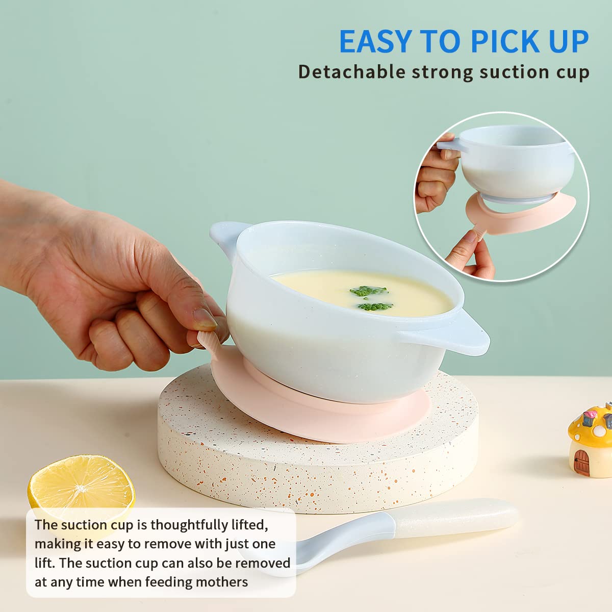Kyraton Baby Bowls with Straw & Spoons - Unbreakable, Reusable, Slip-Resistant Suction Bowls for Infants & Toddlers - Perfect for Milk, Soup, Ice Cream & Baby-Led Weaning - Light Blue Feeding Bowl for High Chair, Travel & Home Use