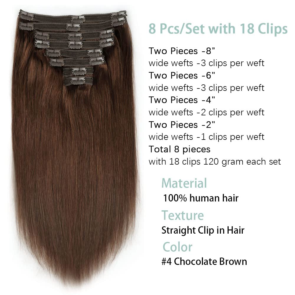 Brazilian Virgin Human Hair Clip in Extensions for Women - 8Pcs Straight Remy Hair with 18 Clips & Double Lace Weft (120g, 24inch, #4 Chocolate Brown) - Perfect for Daily Styling, Parties & Special Occasions
