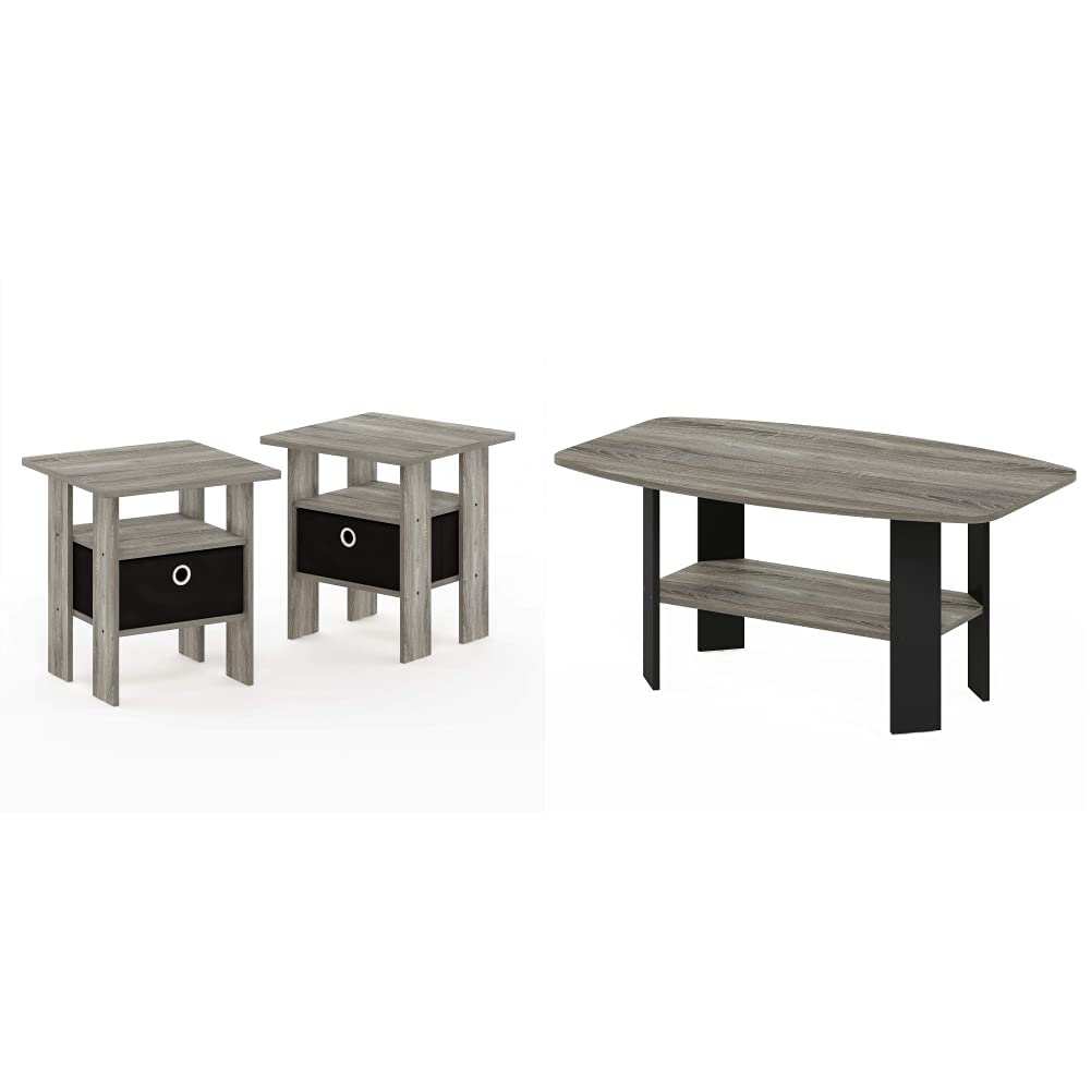 Furinno Andrey Set of 2 End Tables - Night Stands with Storage Drawer, French Oak Grey/Black - Modern Side Tables for Living Room, Bedroom & Office Use