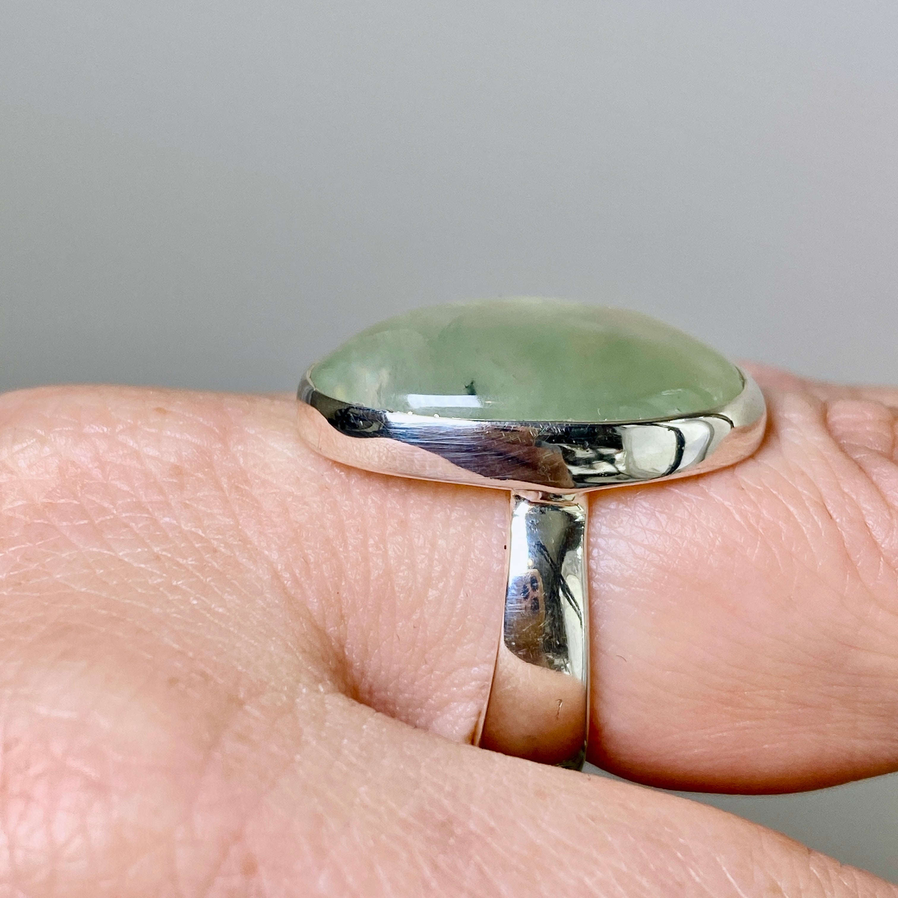 Prehnite Oval Cabochon Ring - Size 8 Sterling Silver Jewelry KRGJ3355 | Perfect for Boho Chic Outfits & Spiritual Healing