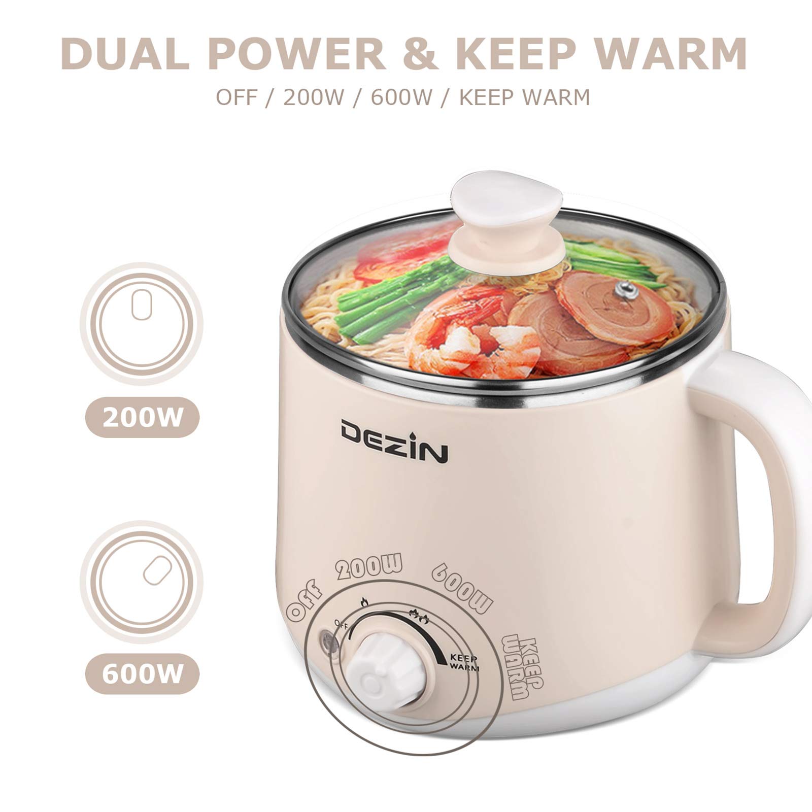 Dezin Electric Hot Pot with Steamer - 1.6L Stainless Steel Multi-Cooker for Ramen, Eggs, Dumplings & Soup | Fast Noodle Cooker with Adjustable Temp & Keep Warm | Perfect for Dorm, Office, Camping & Small Kitchens