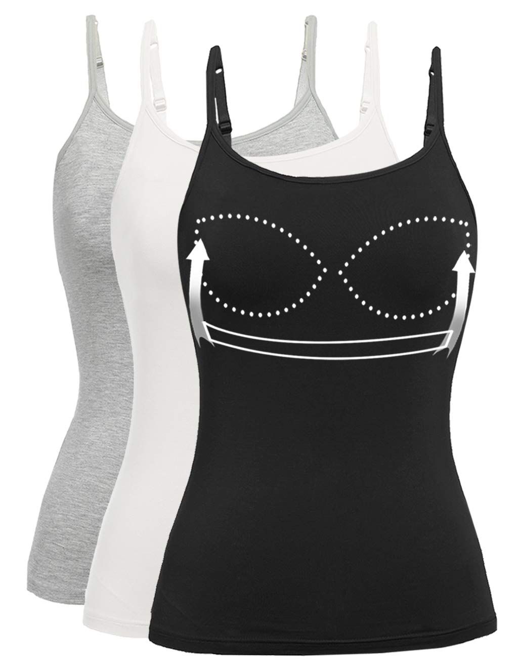 Women's Adjustable Strap Camisole with Built-in Padded Bra - Sleeveless Layering Tank Top (1/2/3 Pack) for Yoga, Workout & Summer Casual Wear