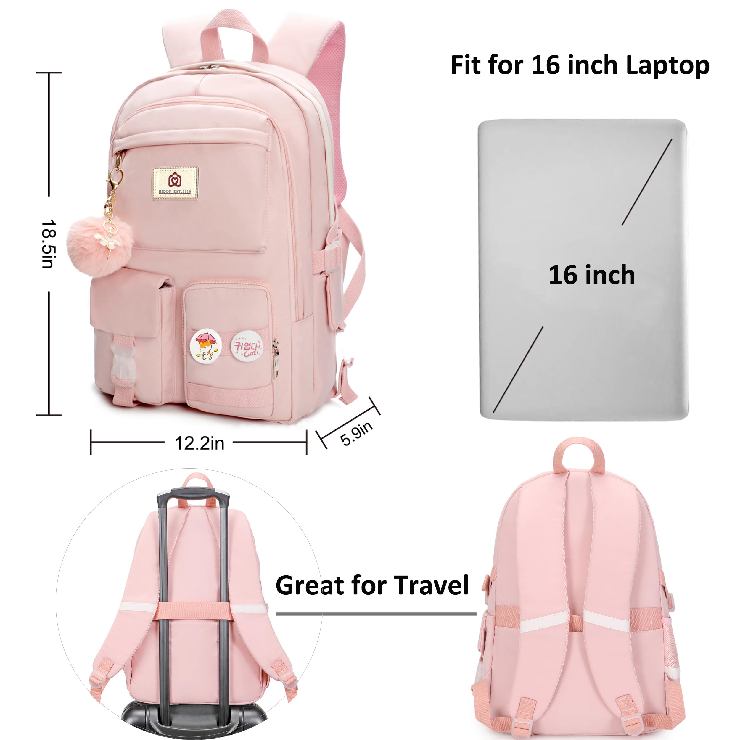 Stylish 15.6 Inch Anti-Theft Laptop Backpack for College Students - Pink Cute Bookbag for High School Girls & Women, Durable Travel Daypack for School, Work & Commuting