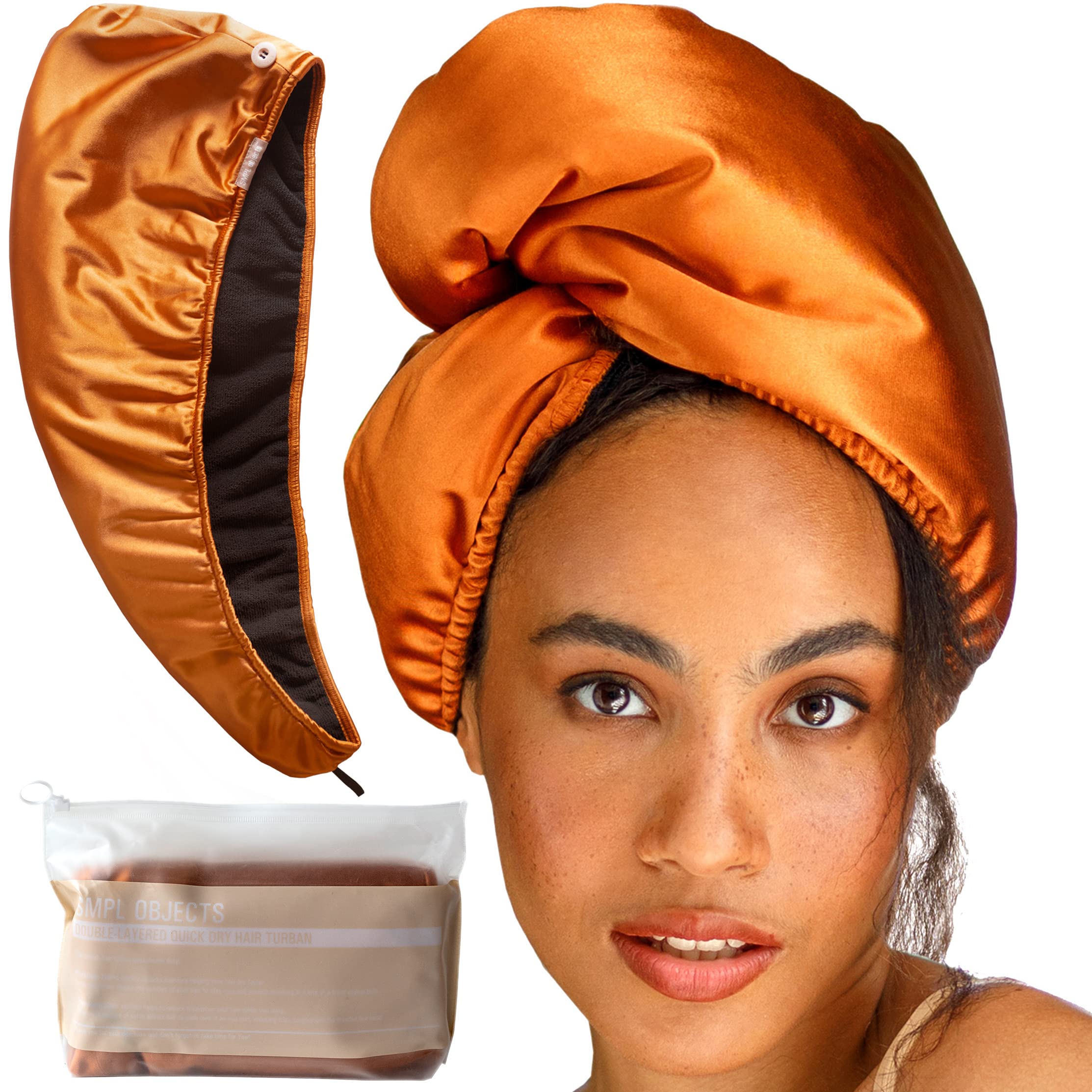 SMPL OBJECTS Microfiber Hair Wrap Towel for Women - Double Layer Curly Hair Turban, Quick Dry Satin Hair Towel for Frizz Control & Damage Protection (Amber) - Perfect for Post-Shower, Salon Styling & Overnight Hair Care