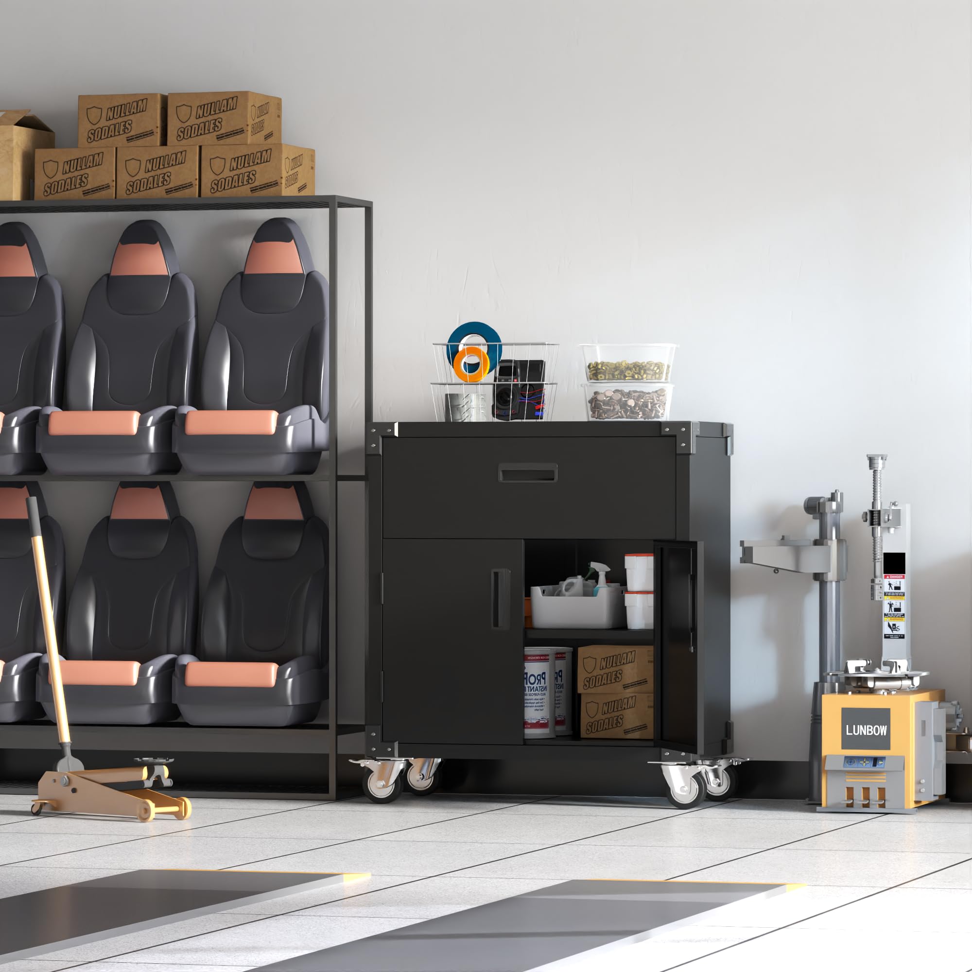 Heavy-Duty Metal Garage Storage Cabinet with Wheels - 2 Doors & 1 Drawer Mobile Steel Utility Cabinet for Garage, Workshop, Home & Office Organization - Easy Assembly (Black) | Perfect for Tools, Cleaning Supplies & Home Storage Solutions