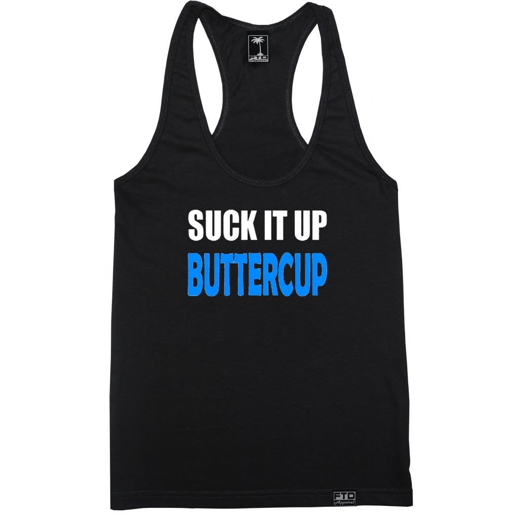 FTD Apparel Women's 'Suck It Up Buttercup' Blue Racerback Tank Top - Soft Cotton Workout Shirt for Yoga, Gym & Summer Casual Wear
