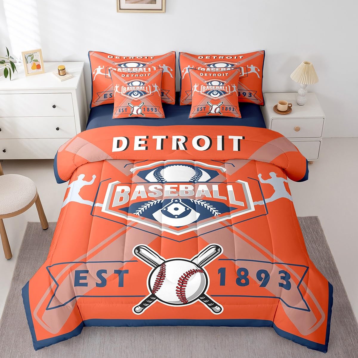 Erosebridal 7-Piece Baseball Bedding Set - Full Size Comforter, Sheets & Pillowcases for Boys, Girls & Kids Room Decor | Sports Theme Reversible Bed in a Bag | Perfect for Baseball Fans, Teen Bedrooms & Game Room Decor (Detroit Tigers Style)