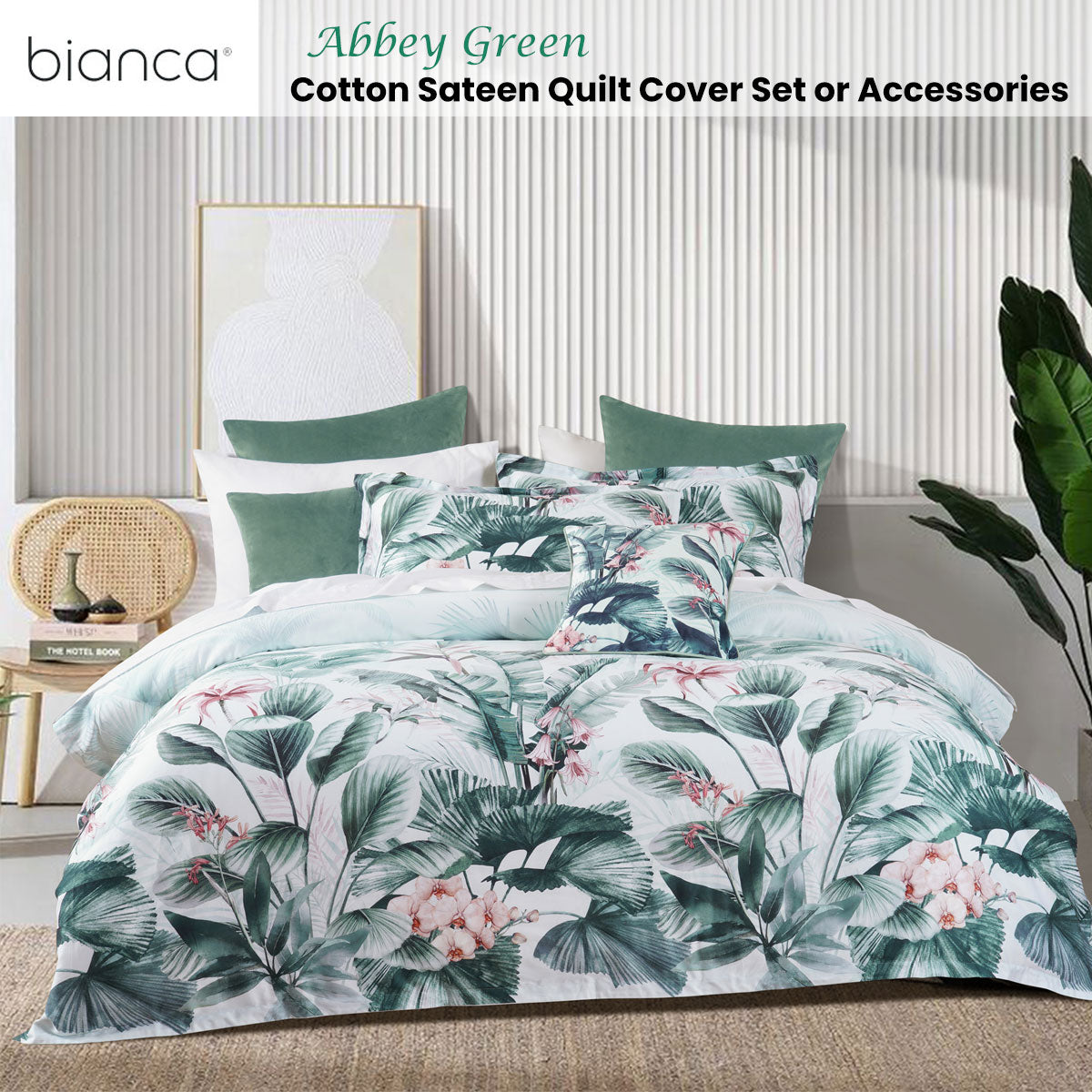 Bianca Abbey Green Cotton Sateen Tropical Floral Quilt Cover Set - Super King Size Bedding for Luxury Master Bedroom Decor