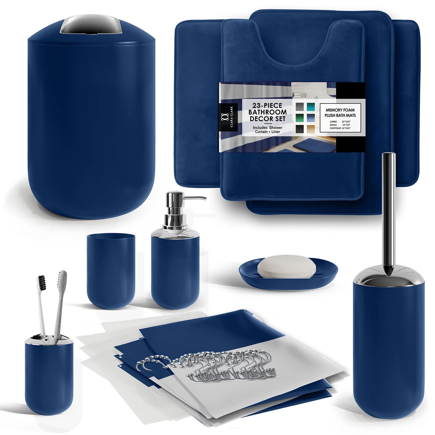 Clara Clark 23PC Navy Bathroom Set with Shower Curtain & Rugs - Perfect for Modern Bathrooms