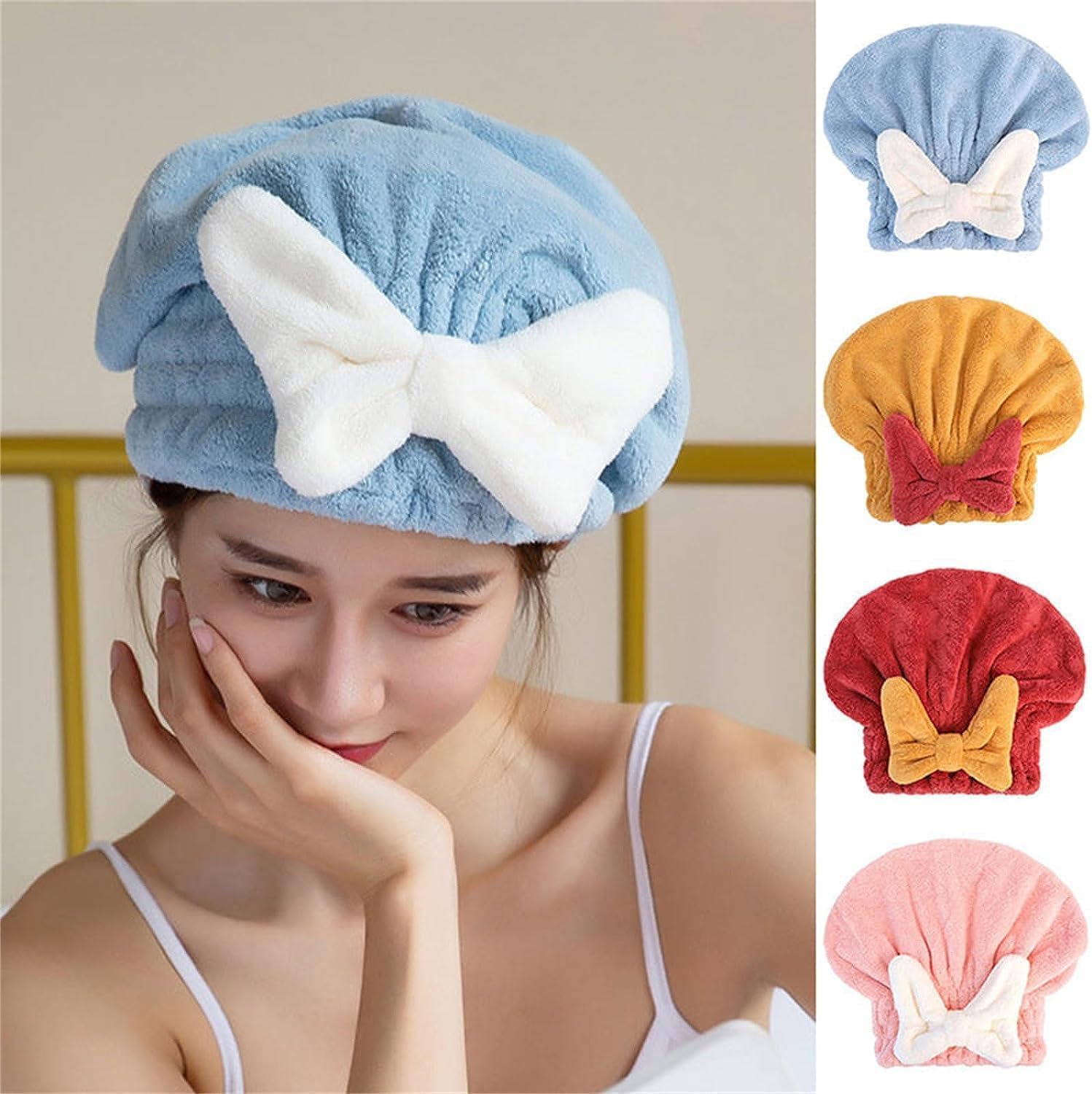 Fezora Super Absorbent Microfiber Hair Towel Wrap for Women - Quick Drying Hair Turban with Bow Knot for Wet Hair (Sky Blue) - Perfect for Post-Shower, Salon, Travel & Home Hair Care
