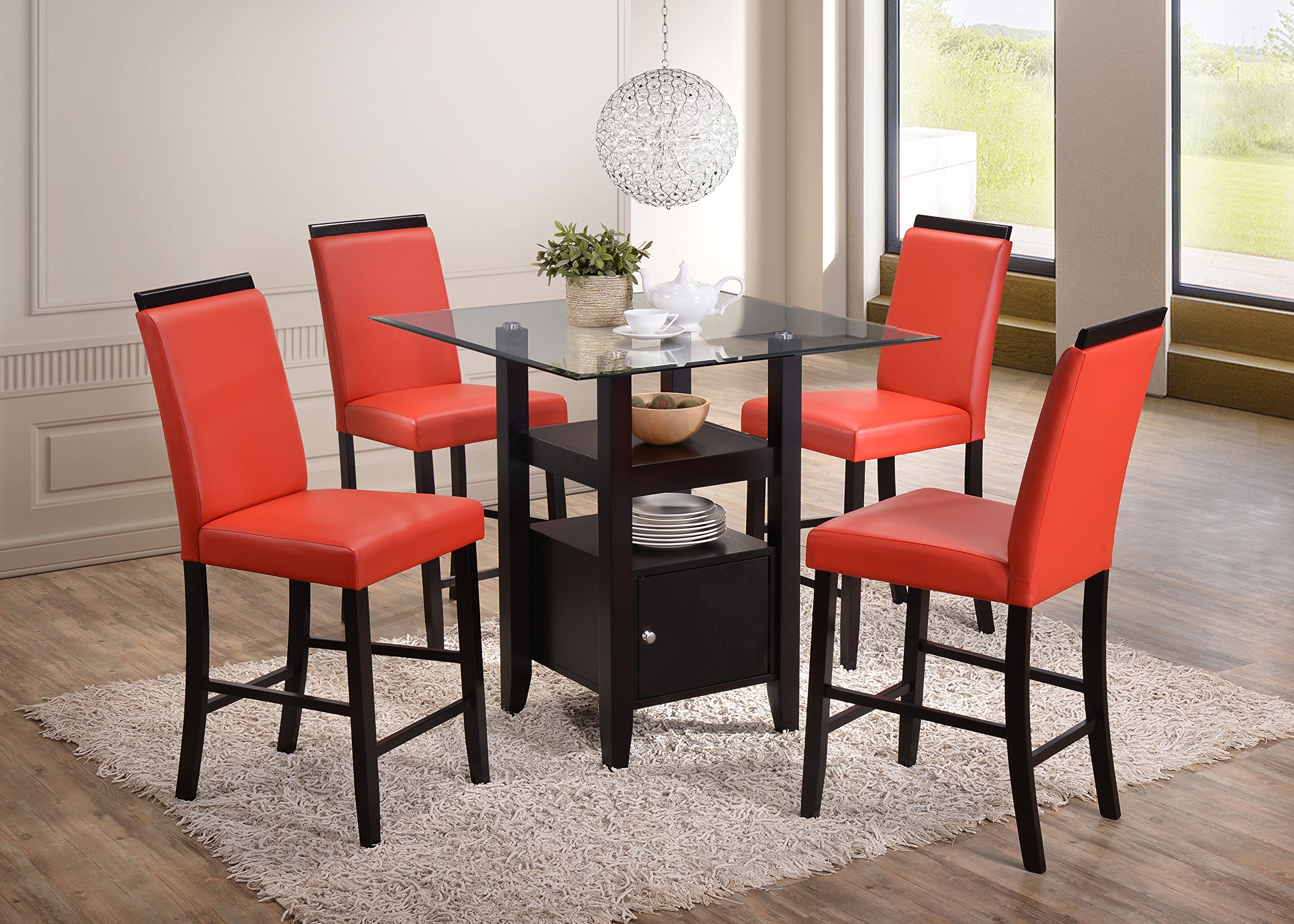 Kings Brand Cappuccino Finish Counter Height Dining Table with Glass Top & Storage - Perfect for Small Spaces, Breakfast Nooks & Modern Kitchens