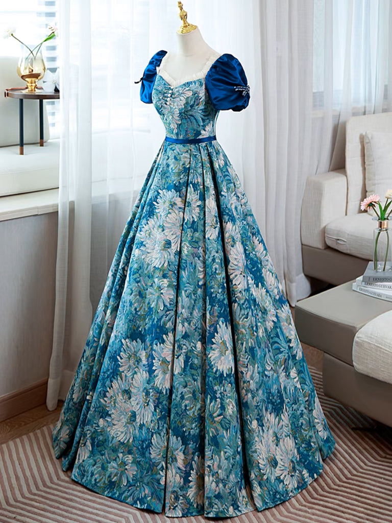 Elegant A-Line Puff Sleeve Satin Blue Long Prom Dress | Formal Evening Gown for Women | Perfect for Homecoming, Ball, and Special Occasions