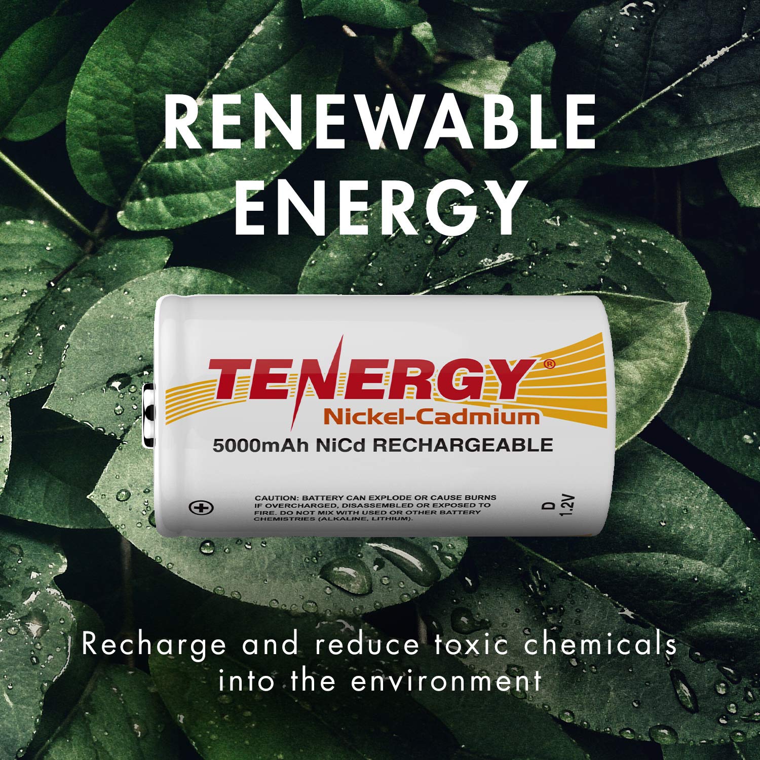 Tenergy D Size 5000mAh NiCd Rechargeable Batteries with Button Top - 8 Pack for Flashlights, Toys, and Emergency Power Backup