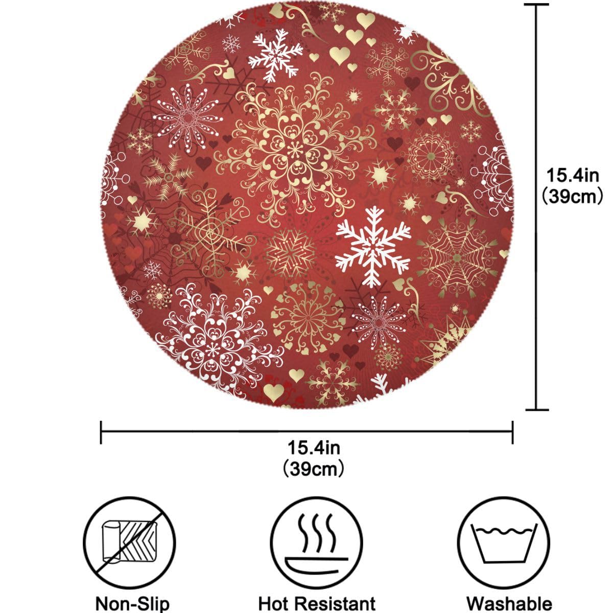 4 Pack Red and Gold Snow Christmas Round Placemats - Washable Farmhouse Style Dining Table Mats for Kitchen, Indoor & Outdoor Use - Perfect for Holiday Parties, Family Gatherings and Festive Decorations