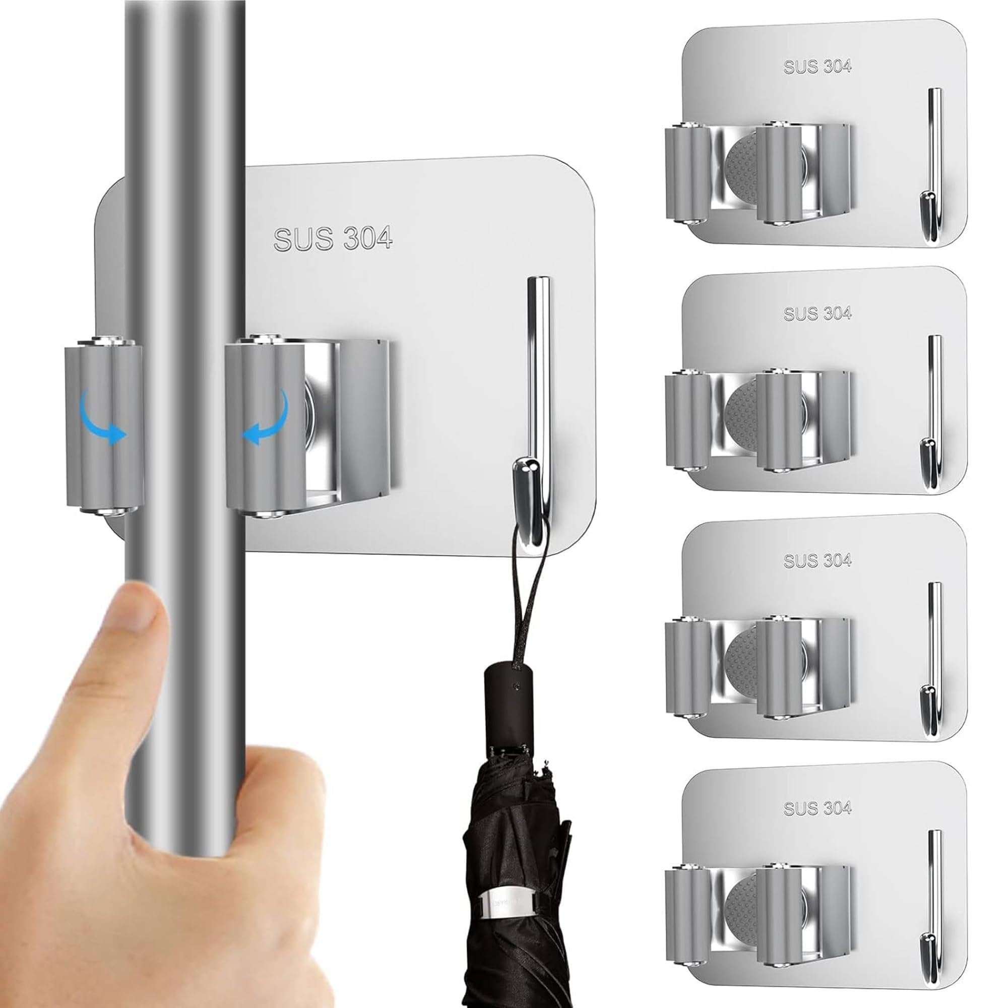Suzec 4-Pack Wall Mounted Broom Holder - Self Adhesive Mop and Cleaning Brush Organizer with Strong Wall Hooks for Bathroom, Kitchen, Garage Storage (Perfect for Brooms, Mops, Wipers and Cleaning Tools)