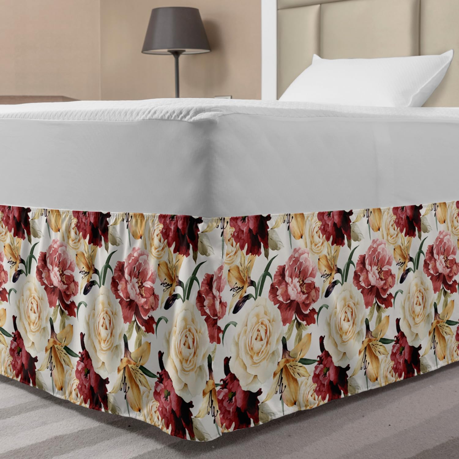 Ambesonne Rose Bed Skirt - Watercolor Floral Design with Peonies & Botanical Bouquet, Romantic Elastic Wrap Around Bedroom Decor, Gathered Full Size in Dried Rose Cream Ruby | Perfect for Vintage & Shabby Chic Home Decor, Guest Room Styling, and Wedding Bedding Accents