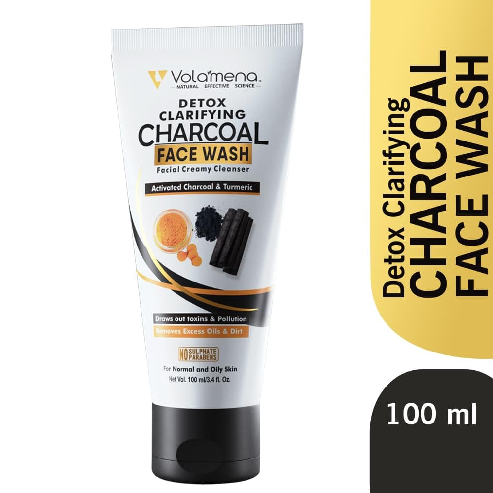Volamena Detox Clarifying Charcoal Face Wash with Turmeric & Activated Charcoal Extract - 100ml Deep Cleansing Facial Cleanser for Women & Men | Removes Impurities, Reduces Acne & Blackheads | Perfect for Daily Skincare Routine & Travel