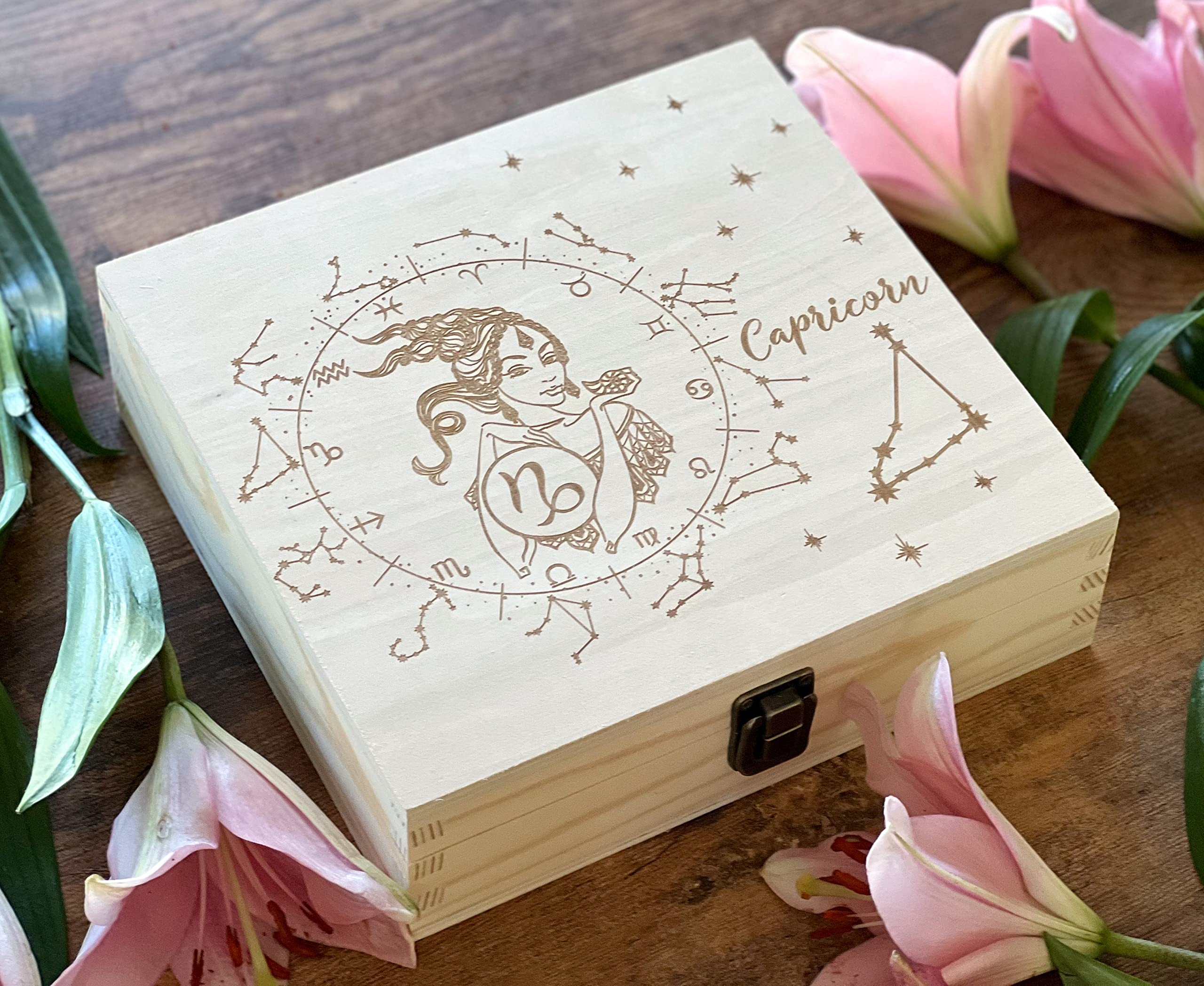 Personalized Capricorn Zodiac Wooden Box - Custom Astrology Gift for Capricorn Sign - Engraved Keepsake Treasure Box - Perfect for Birthday, Anniversary & Spiritual Gifts