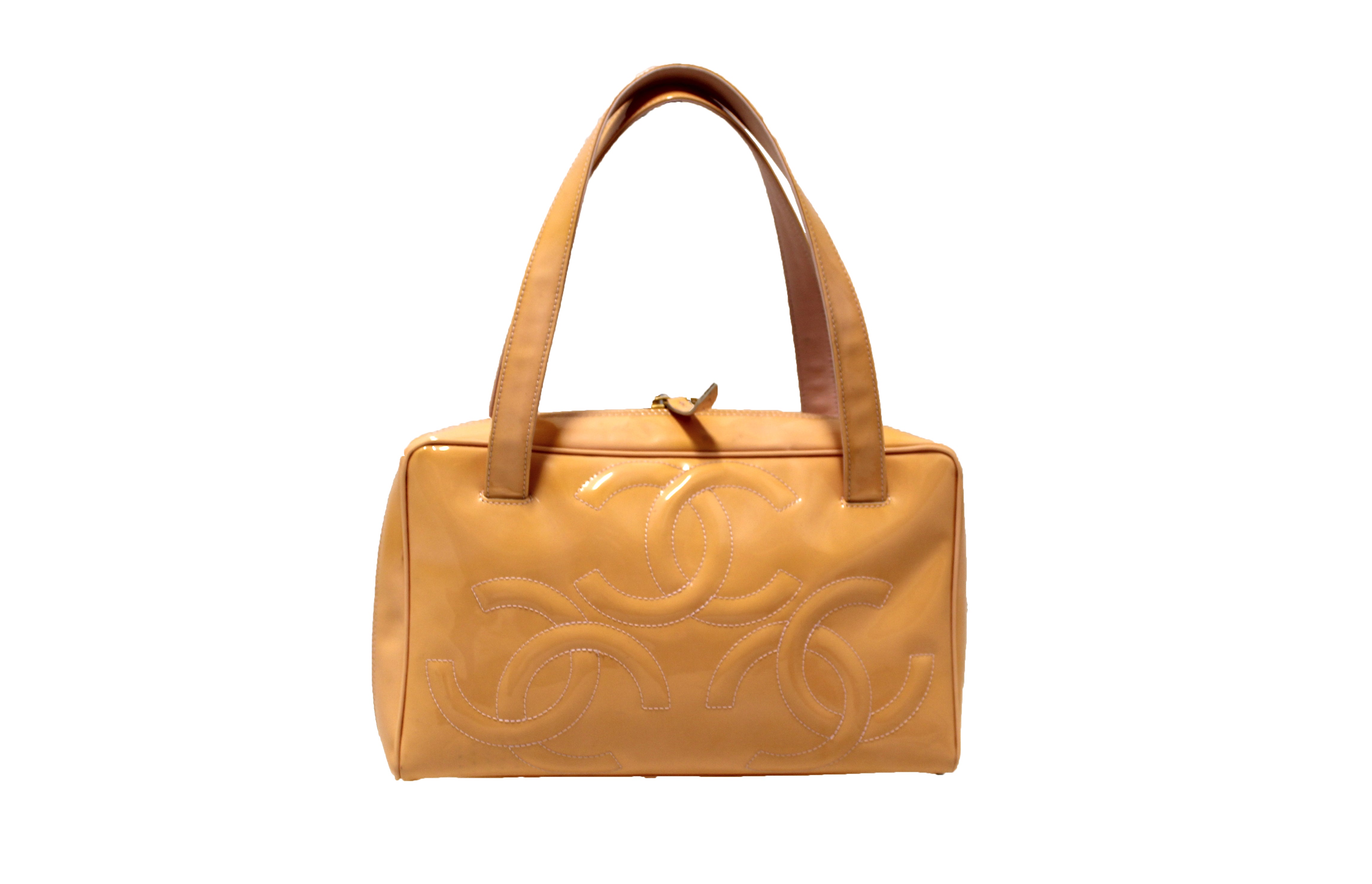 Authentic Chanel Beige Patent Leather Triple CC Logo Small Zippy Bag - Luxury Crossbody Purse for Women, Perfect for Evening Parties & Special Occasions