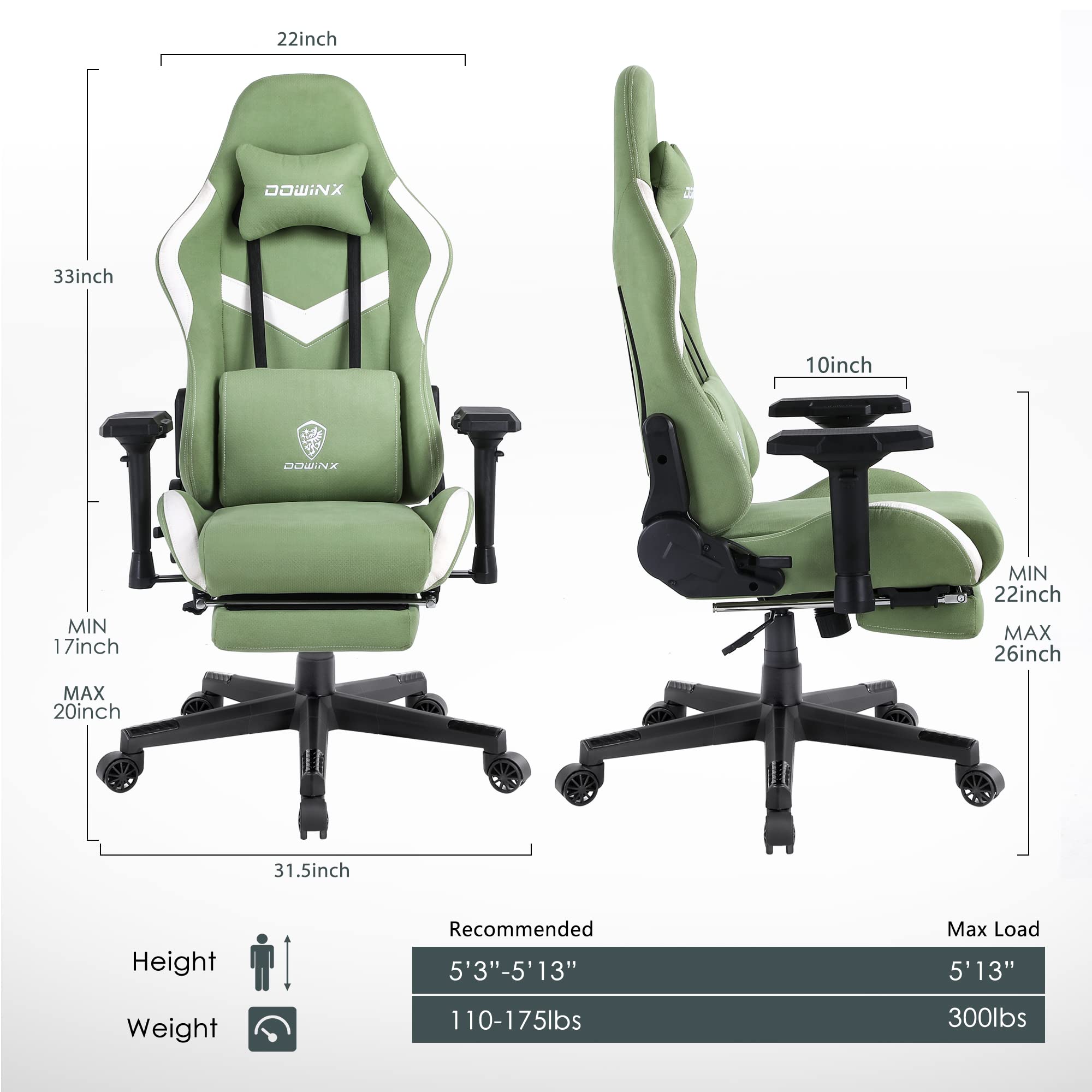 Dowinx Ergonomic Gaming Chair - High Back Breathable Fabric Office Chair with 4D Adjustable Armrests, Pocket Spring Cushion & Massage Lumbar Support - Green Computer Desk Chair with Footrest for Home Office & Gaming Setup