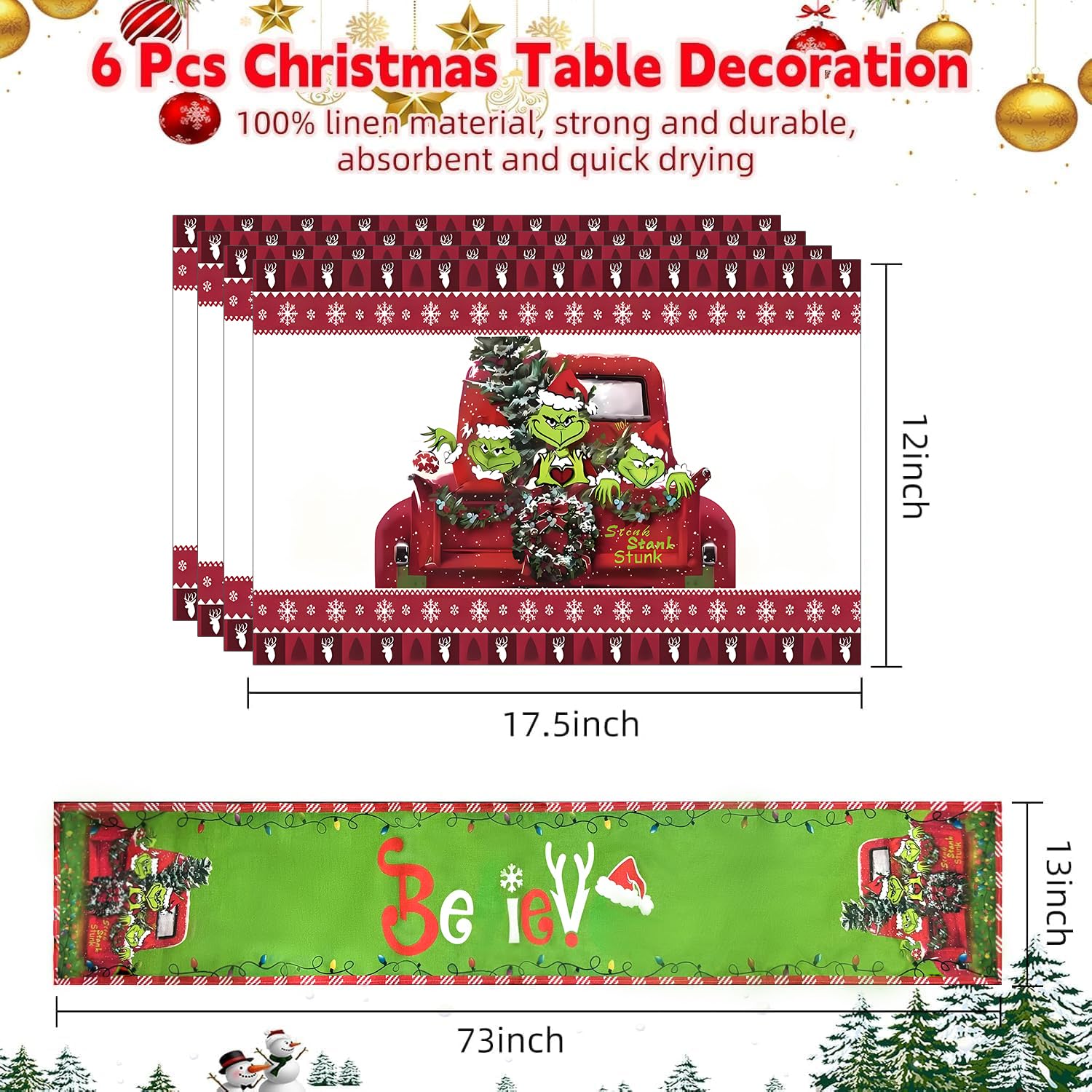 Christmas Table Runner and 4-Piece Placemats Set - 13x72 Inch Believe Themed Holiday Decor with 12x18 Inch Green Elf Placemats - Perfect for Festive Dining Table, Kitchen Decorations, Holiday Parties & Christmas Home Decor (Green)