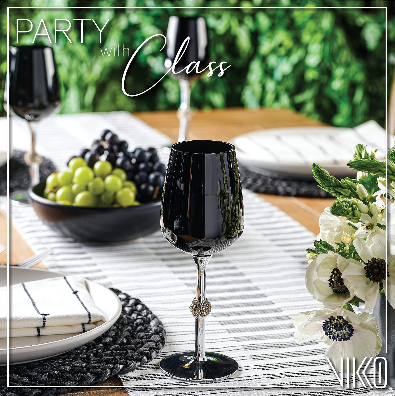 Elegant Black and Silver Wine Glasses Set of 12 - 14.2 oz Crystal Clear Cups with Diamante Accents - Dishwasher Safe - Perfect for Parties, Weddings, and Home Decor (9.2