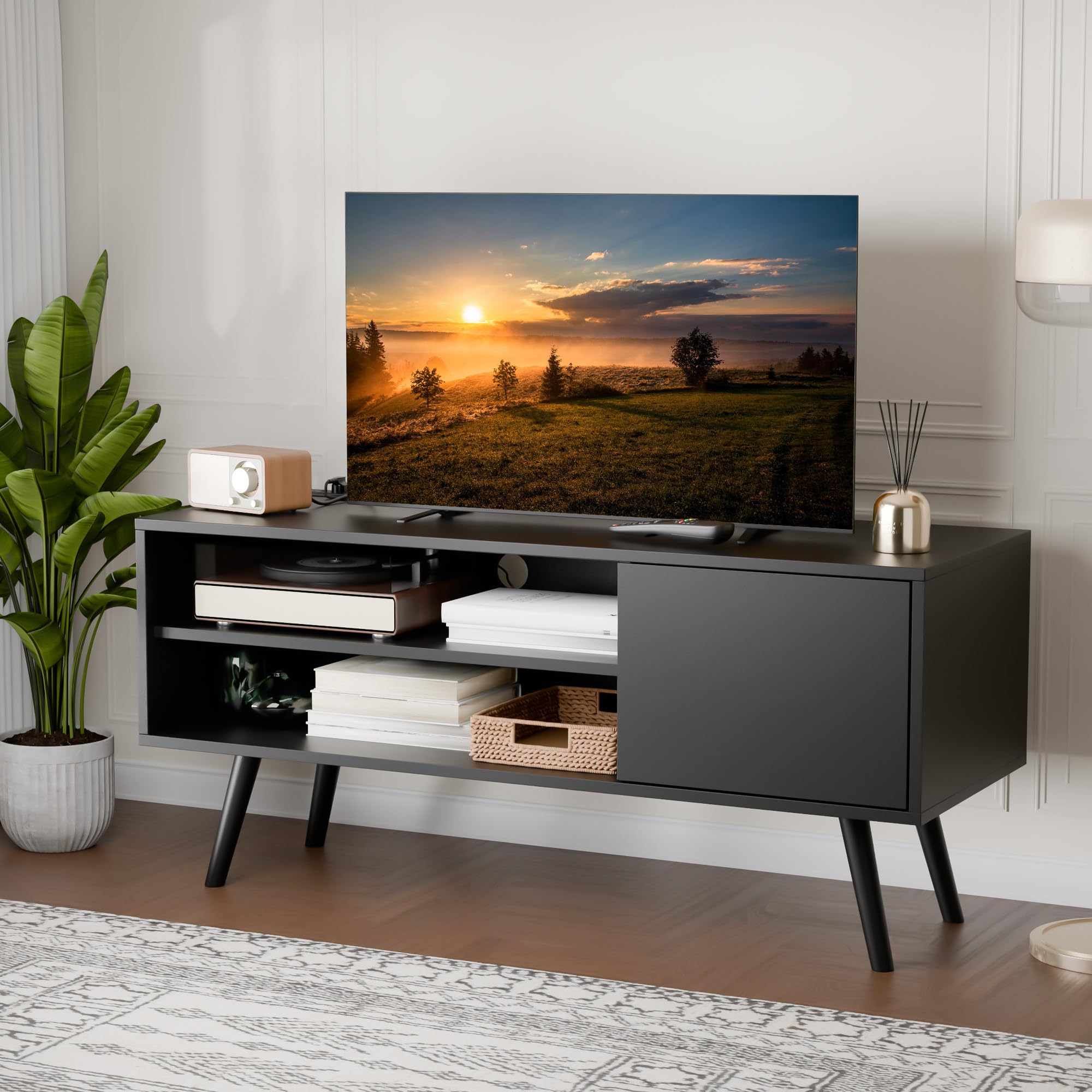 Mid Century Modern TV Stand for 48 Inch TV - Entertainment Center with Storage Cabinet, Media Console for Living Room & Bedroom - Black - Perfect for Small Spaces & Home Theater Setup