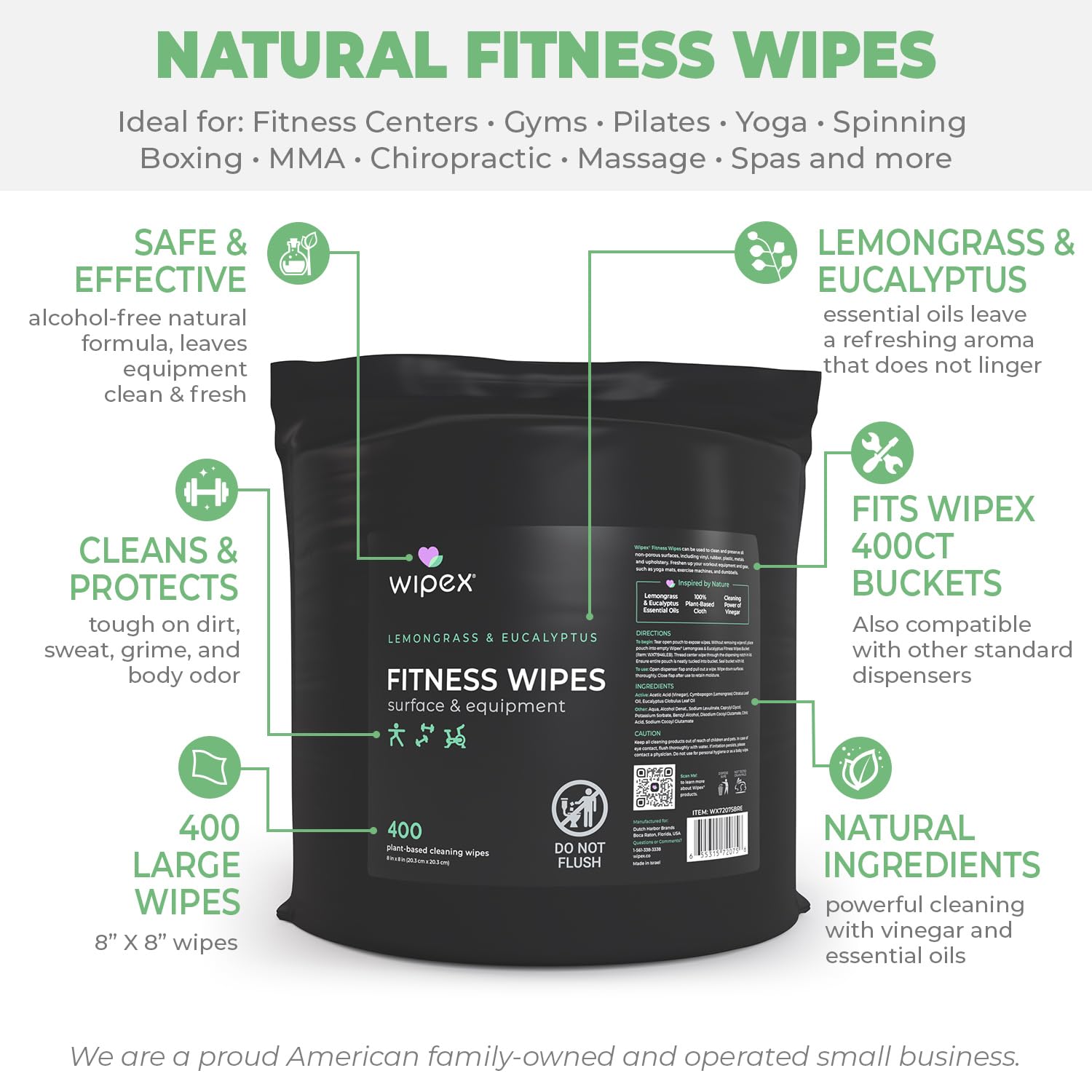 **Wipex Gym Wipes for Equipment – 1600 Plant-Based Fitness Wipes (2 Lemongrass & Eucalyptus Buckets + 2 Refill Rolls) – Clean Gym Machines, Dumbbells, Yoga Mats & More – 400 Count (Pack of 4)**