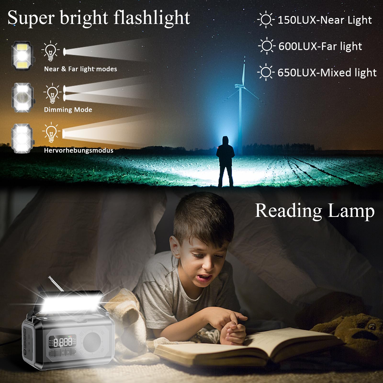 12000mAh Solar Powered Emergency Weather Radio with NOAA Alerts - AM/FM/NOAA Weather Band, SOS Alarm, Flashlight, Phone Charger & Compass - Perfect for Outdoor Camping, Hiking and Emergency Preparedness