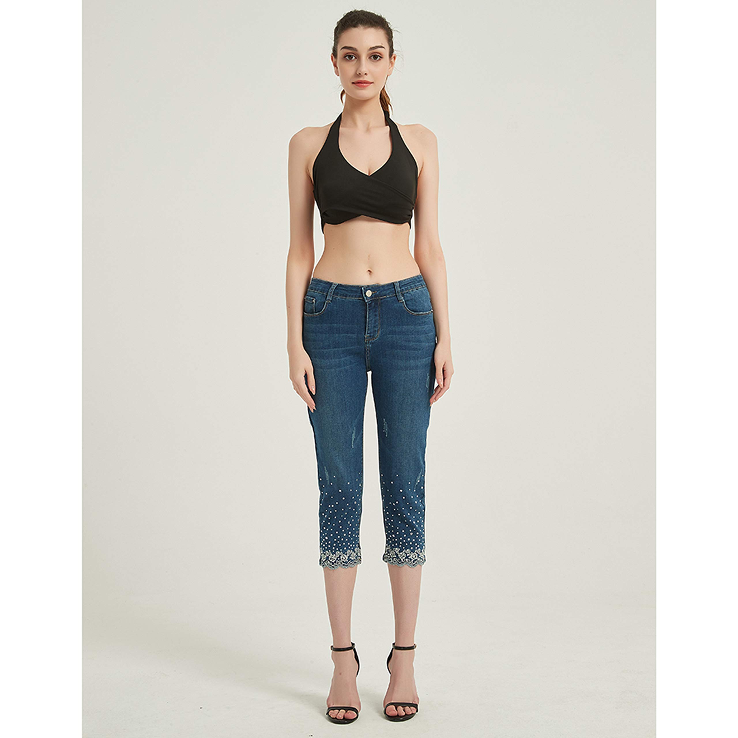 Lisskolo Women's Embroidered Stretch Skinny Capri Jeans - Mid-Rise Cropped Denim Pants for Casual Wear & Summer Outfits